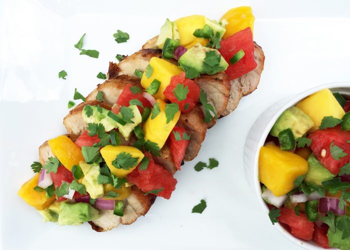 Grilled pork loin with watermelon, avocado and mango salsa