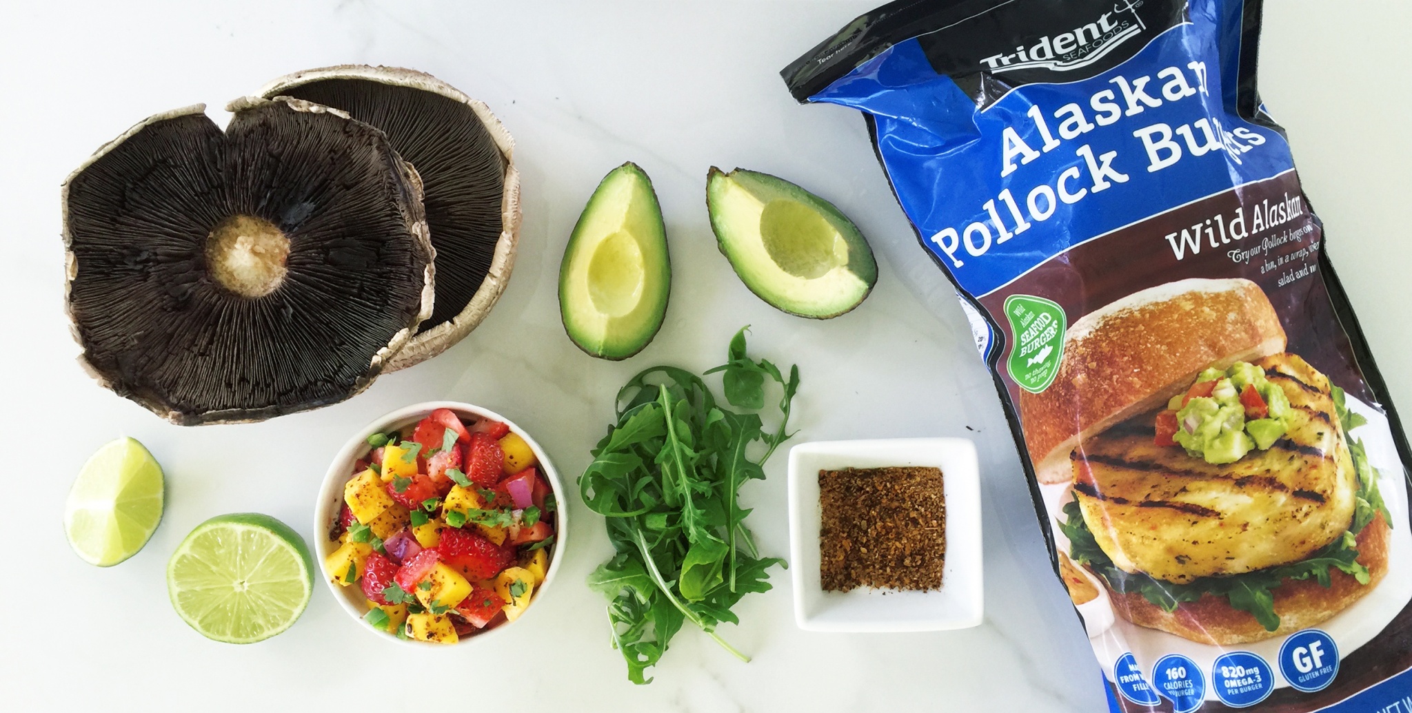 Portobello fish burger with avocado and strawberry mango salsa