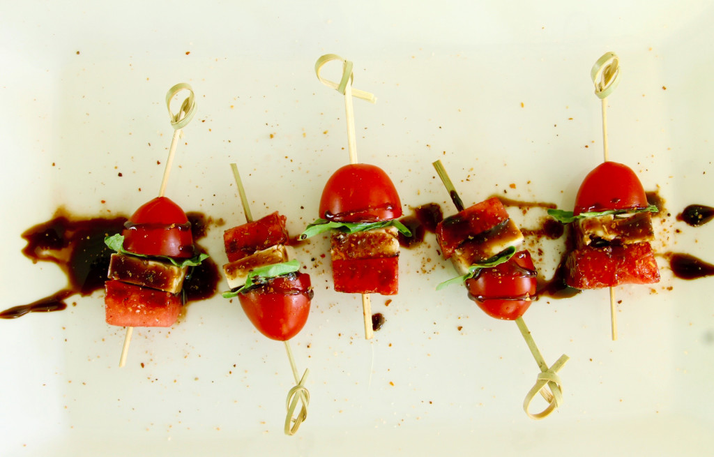 Tomato, watermelon and feta skewers