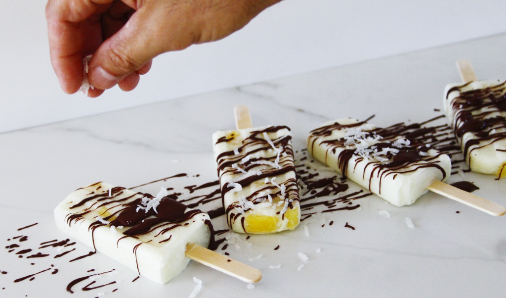 chocolate drizzled vegan coconut and pineapple popsicles