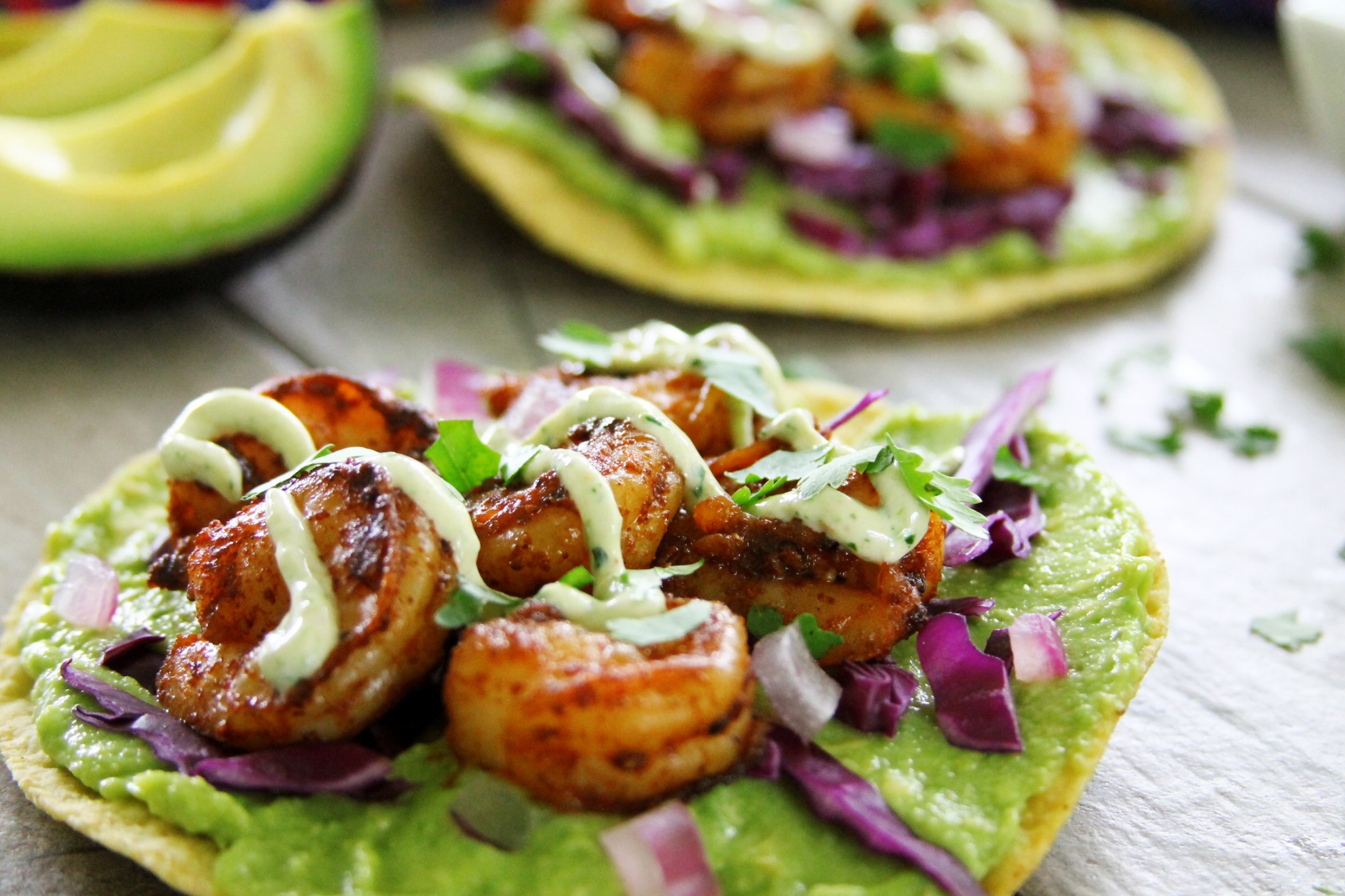 Avocado And Chipotle Shrimp Tostadas With Cilantro Lime Crema