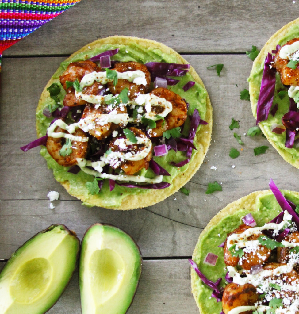 Avocado And Chipotle Shrimp Tostadas With Cilantro Lime Crema