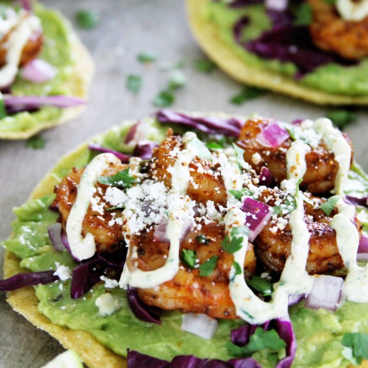 Avocado And Chipotle Shrimp Tostadas With Cilantro Lime Crema