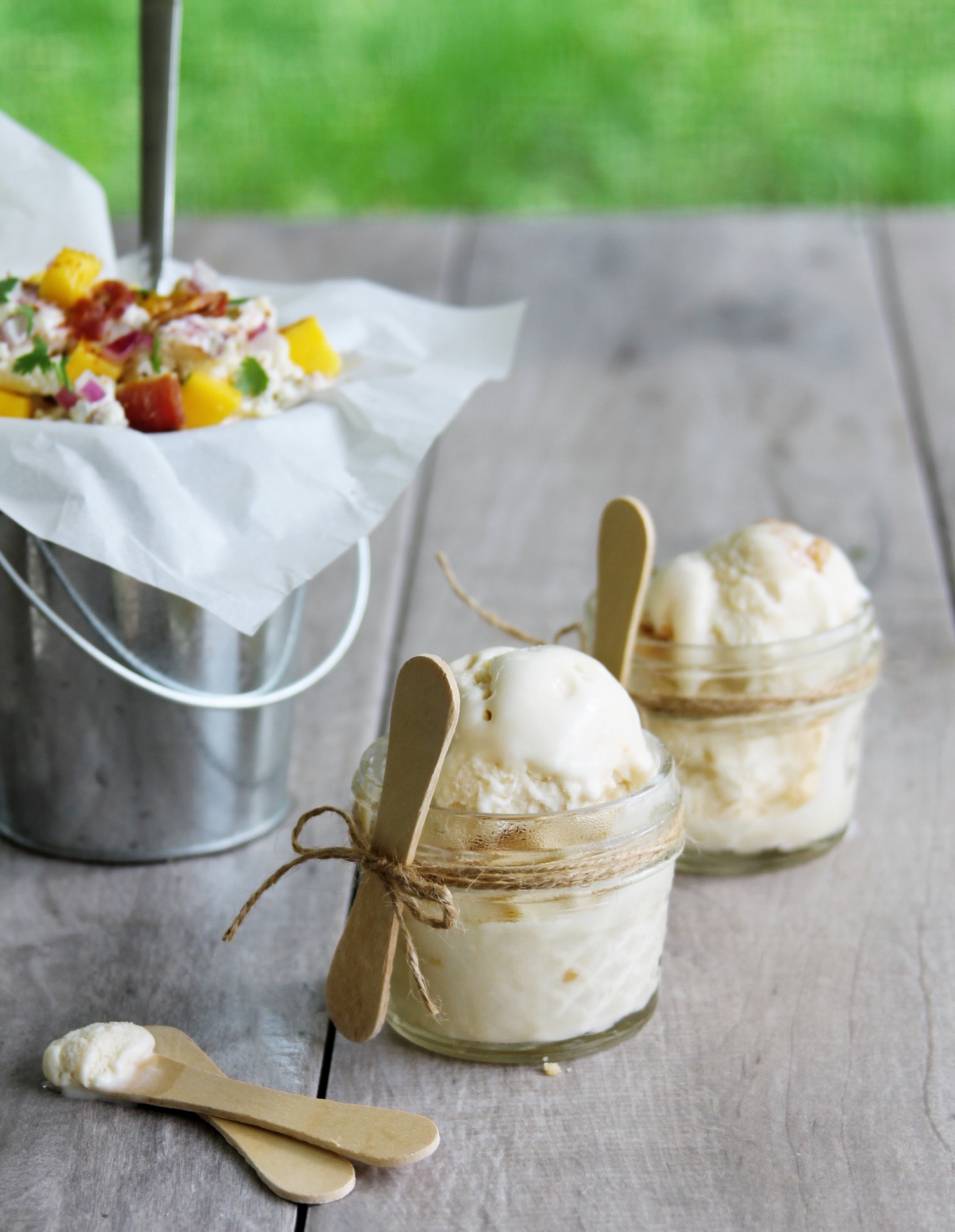 mango and bacon potato salad and ice cream