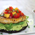 Portobello fish burger with avocado and strawberry mango salsa