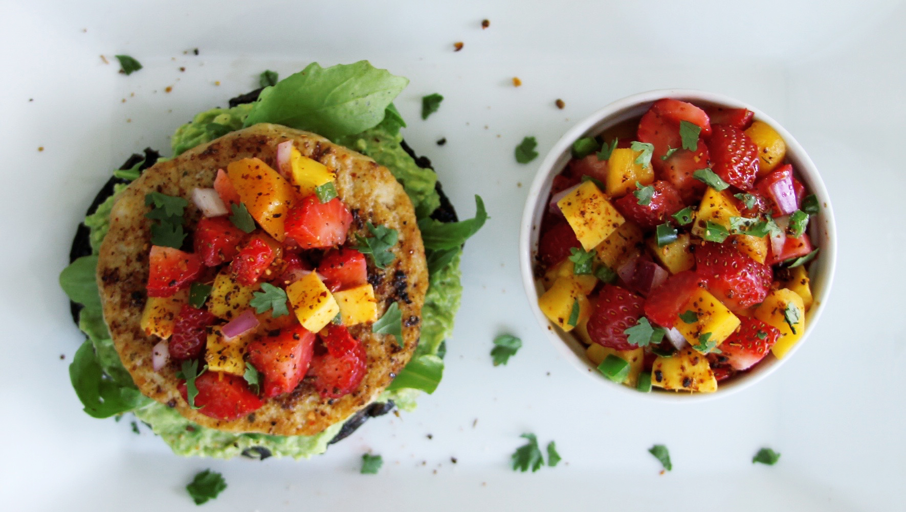 Portobello fish burger with avocado and strawberry mango salsa