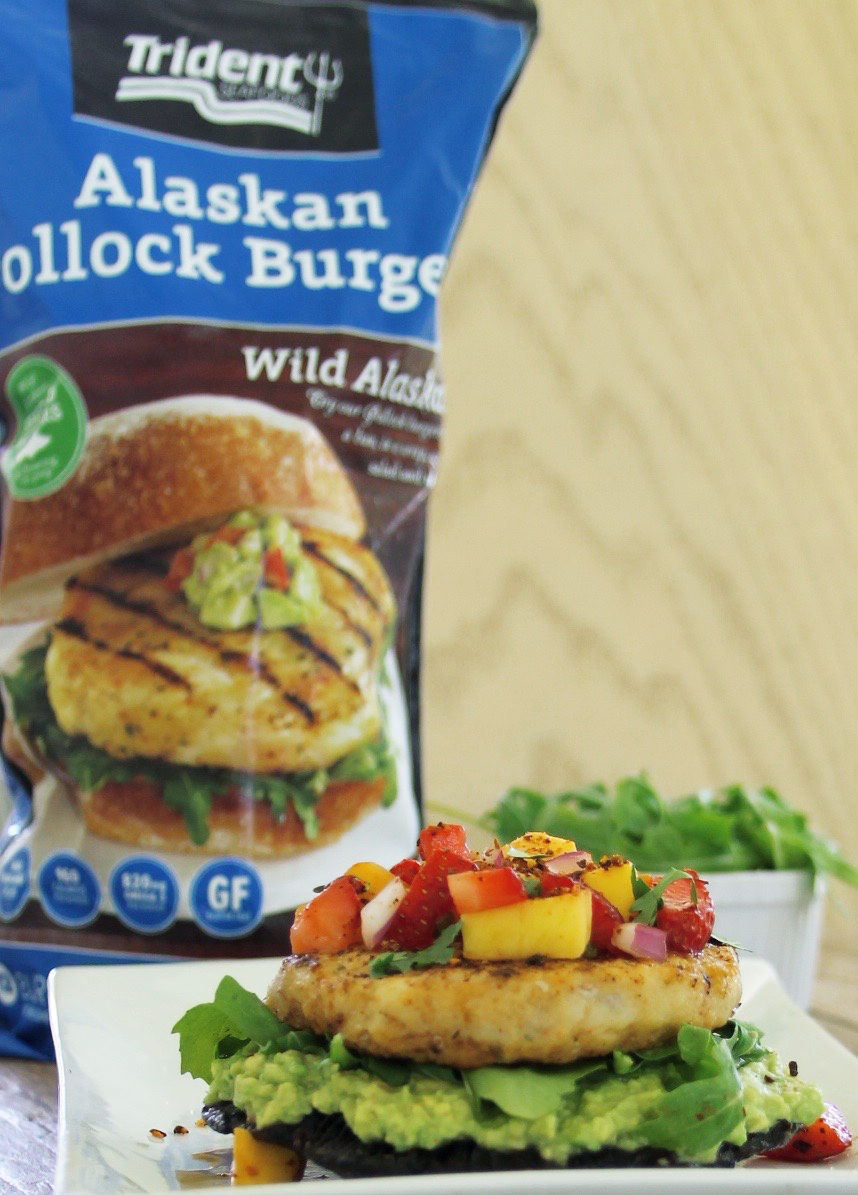 Portobello fish burger with avocado and strawberry mango salsa