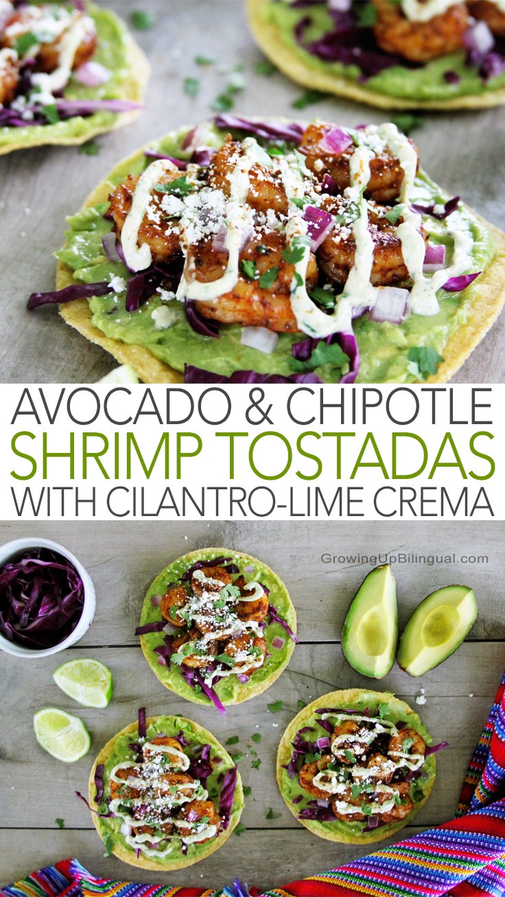 Avocado And Chipotle Shrimp Tostadas With Cilantro Lime Crema