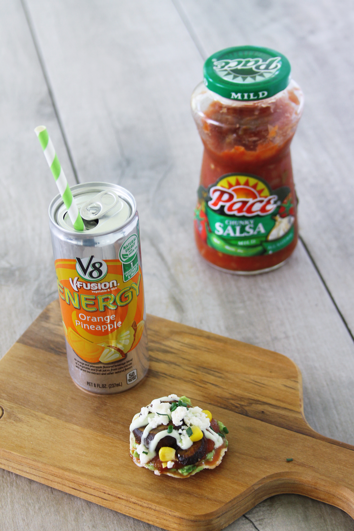 mini tostadas appetizers and V8+Energy drink