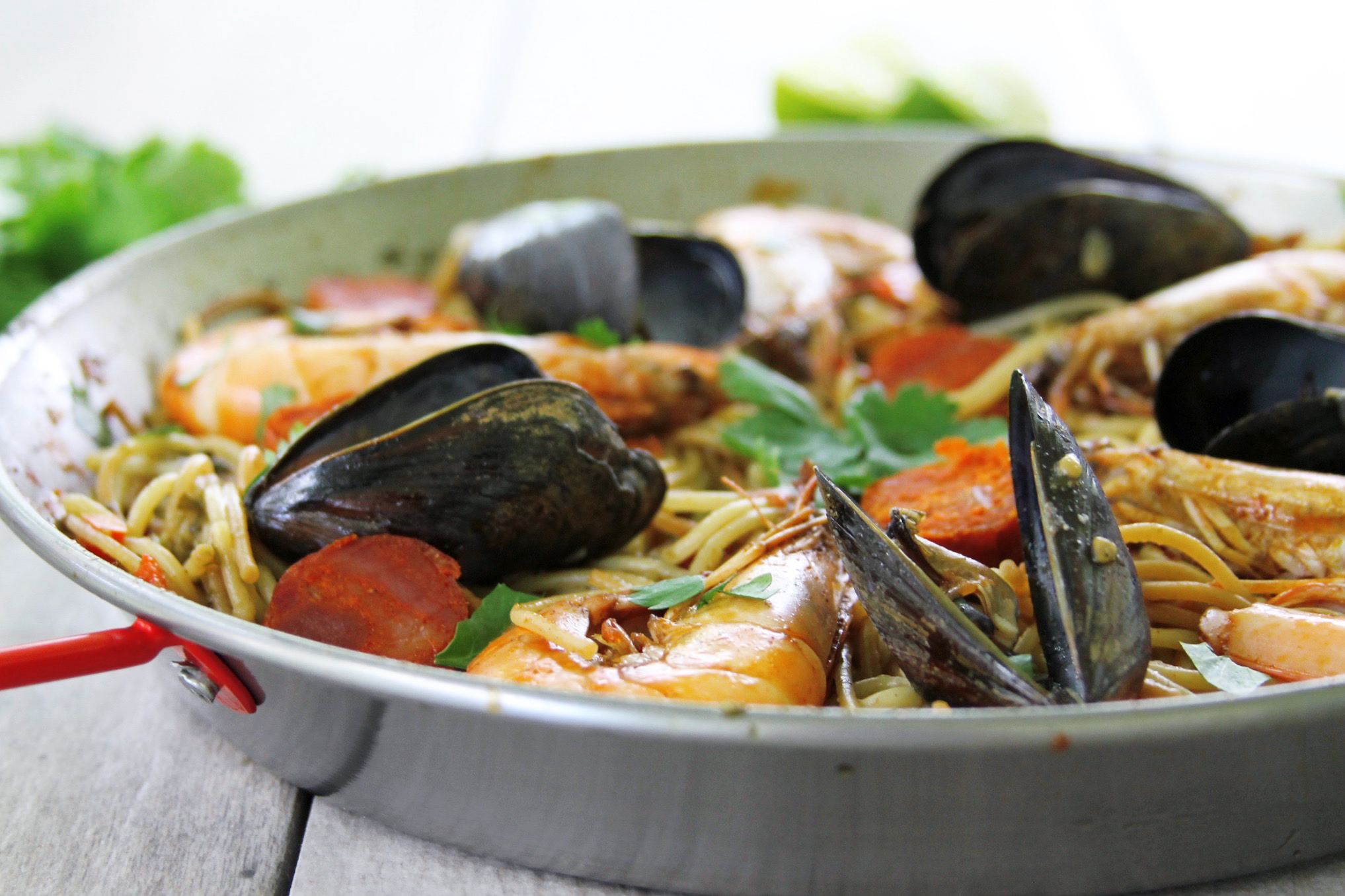 One-pan Spanish chorizo and seafood fideua recipe