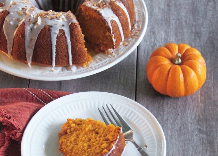 Pumpkin tres leches cake with coconut glaze