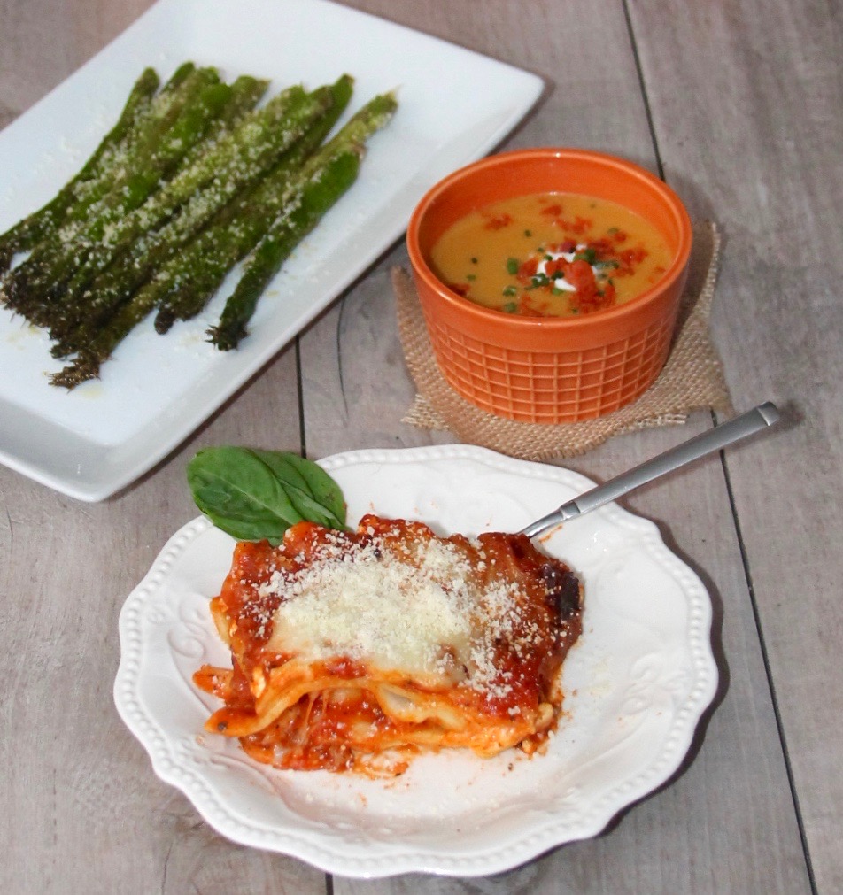 lasagna and asparagus and soup