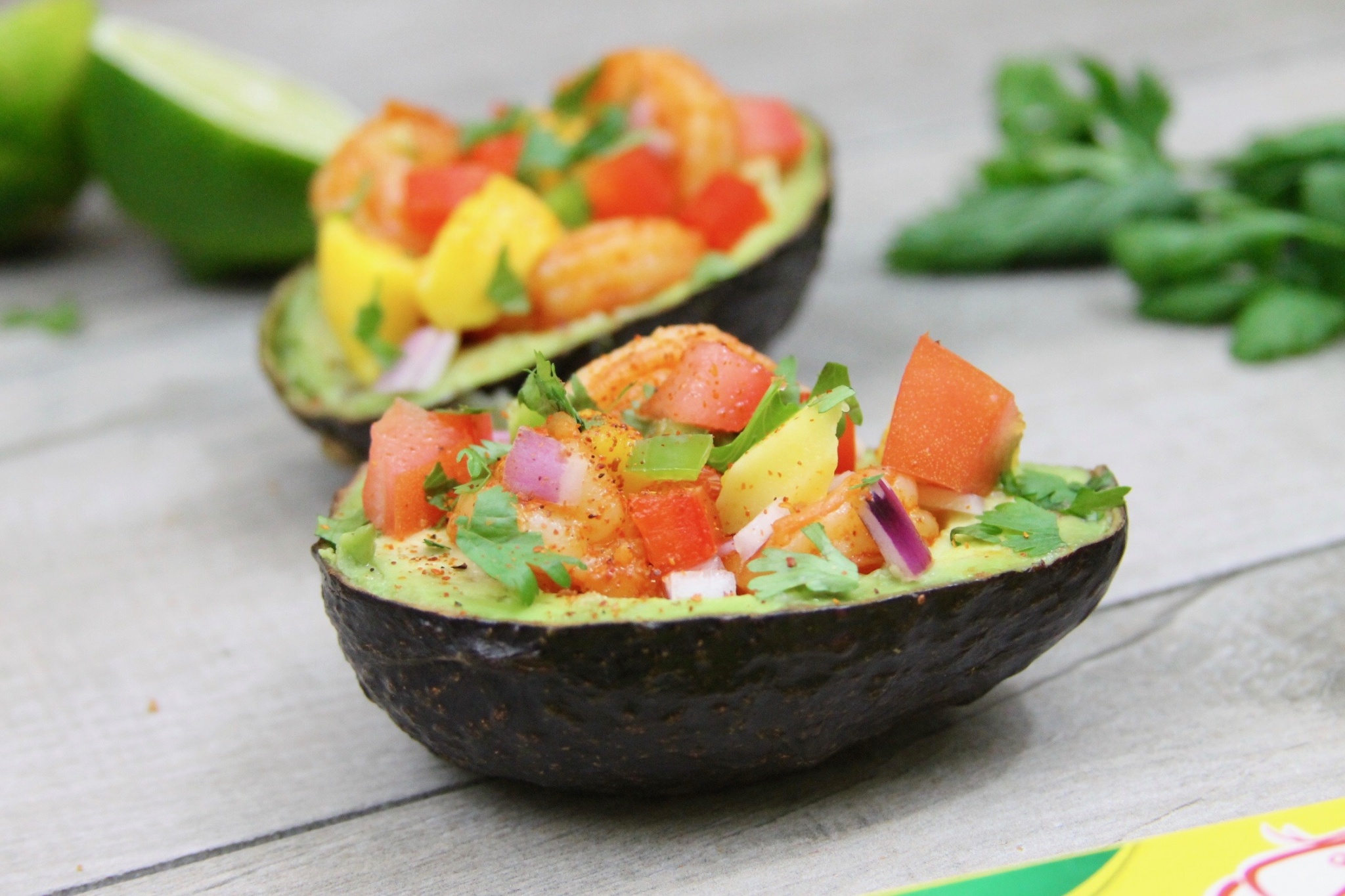 Shrimp and mango ceviche stuffed avocados