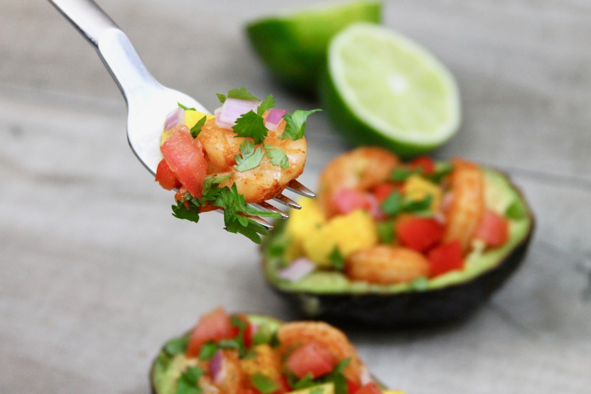 Shrimp and mango ceviche stuffed avocados