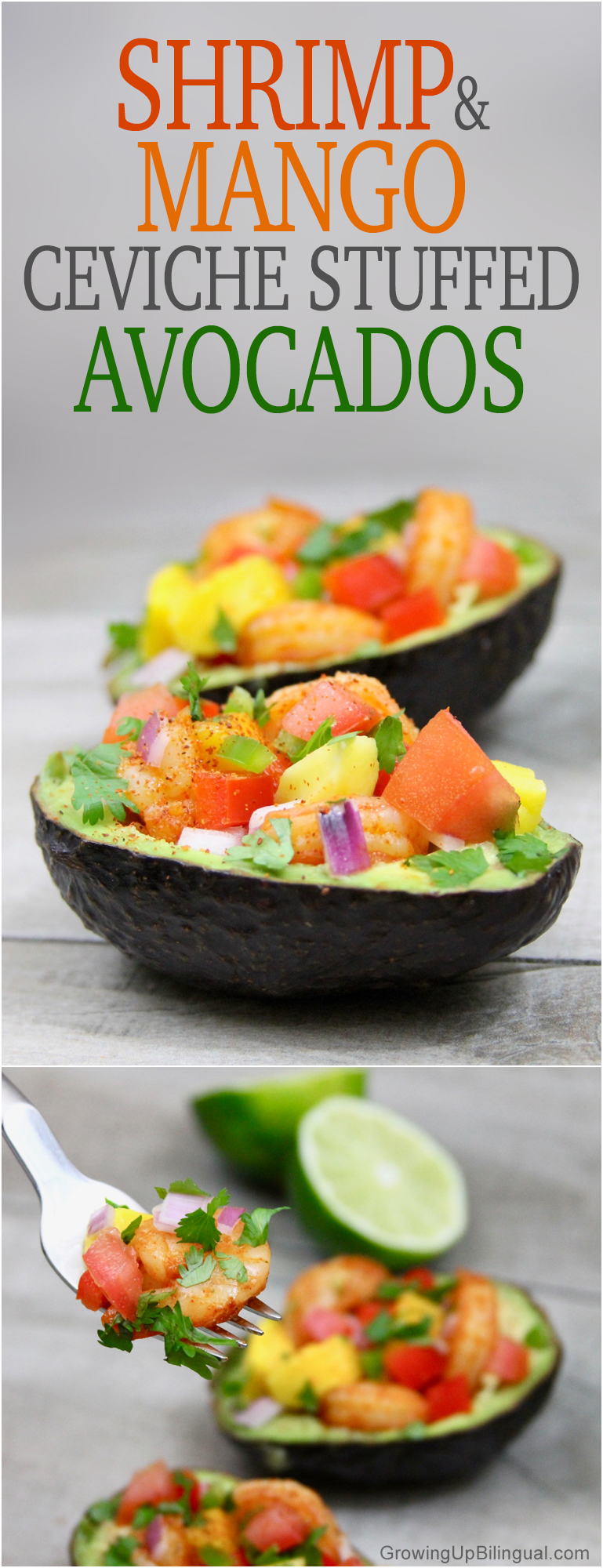 Shrimp and mango ceviche stuffed avocados