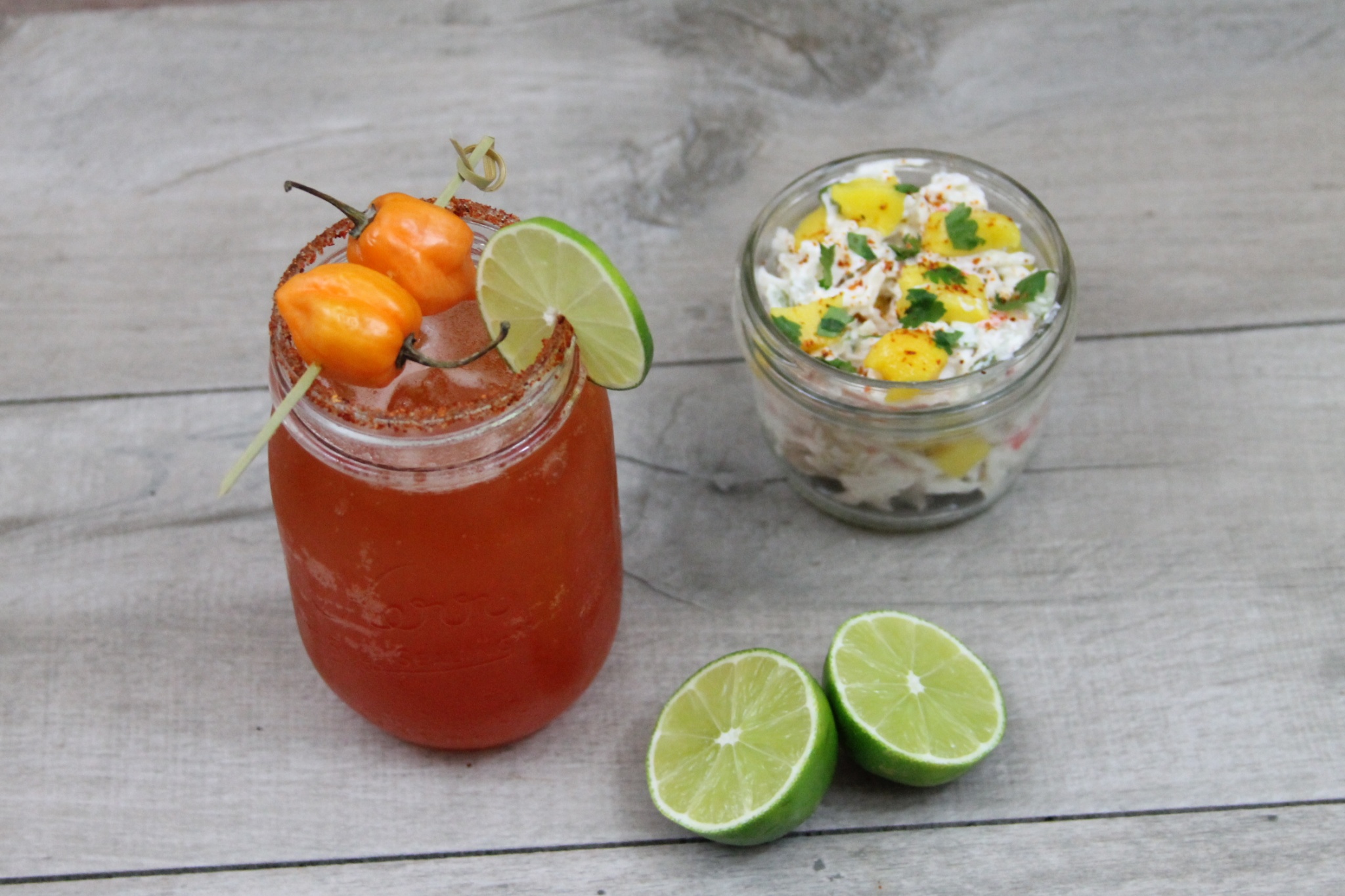 Habanero Michelada with Clamato and mango crab salad