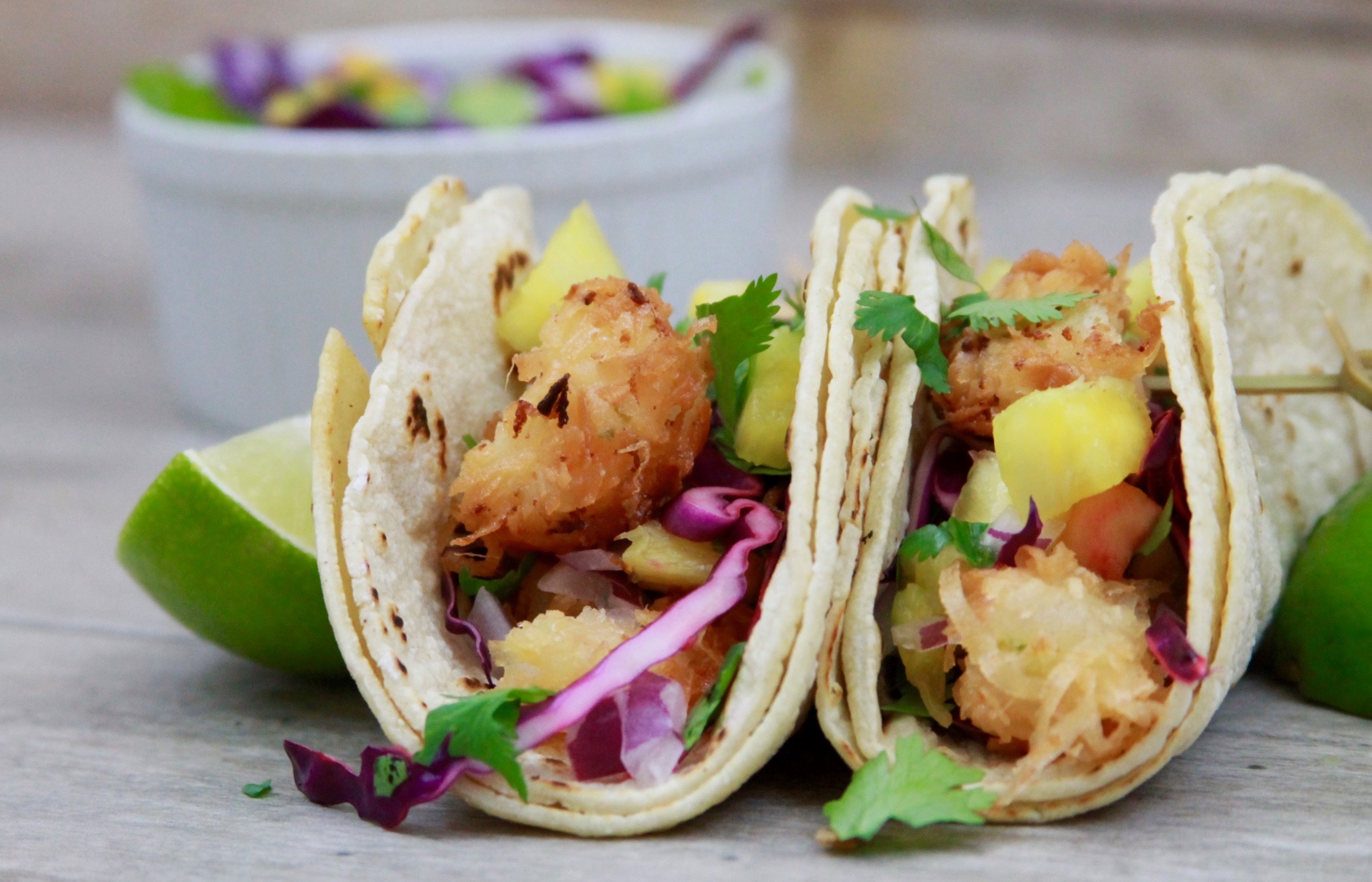 Coconut shrimp tacos with pineapple slaw