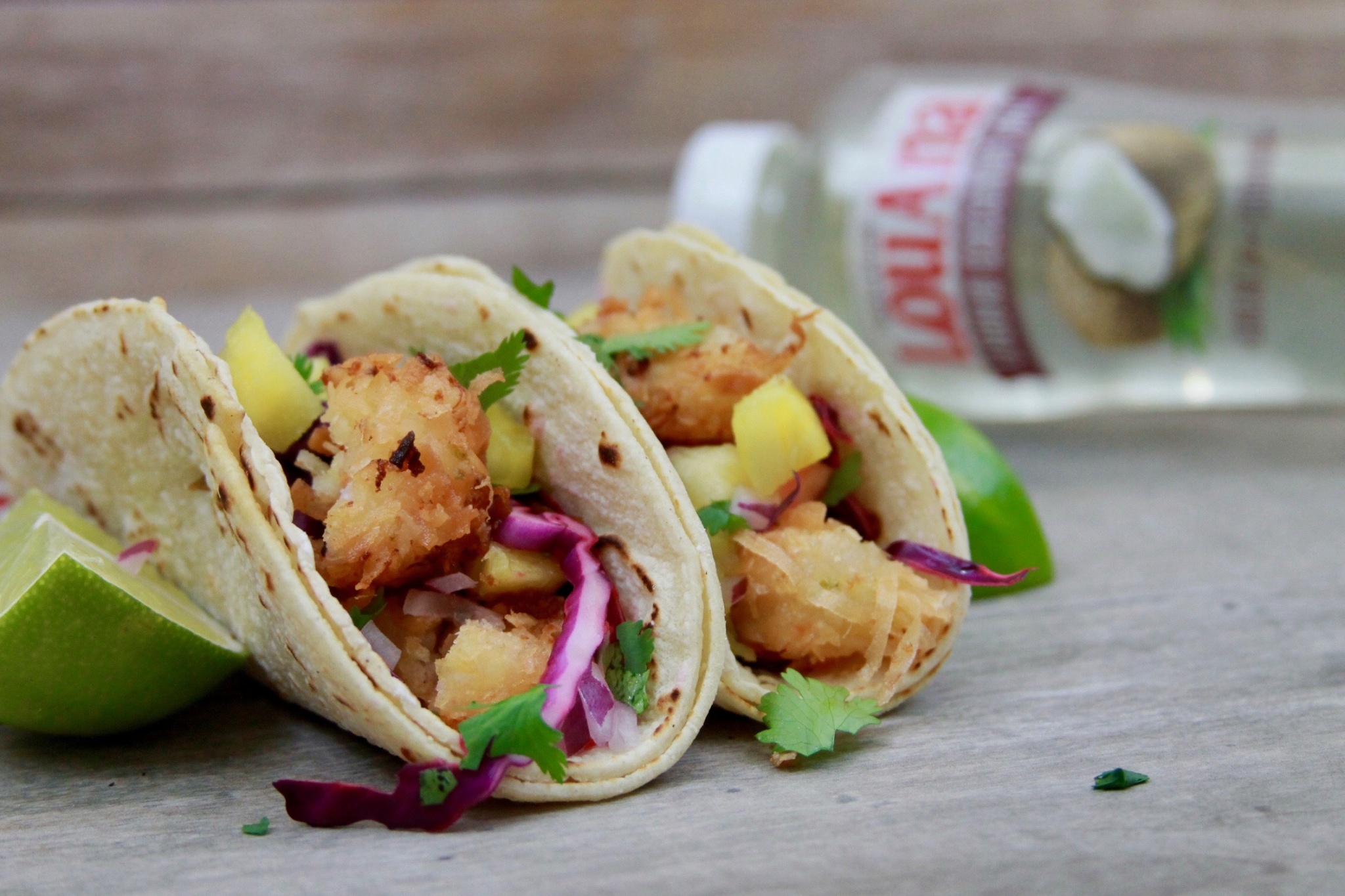 Coconut shrimp tacos with pineapple slaw