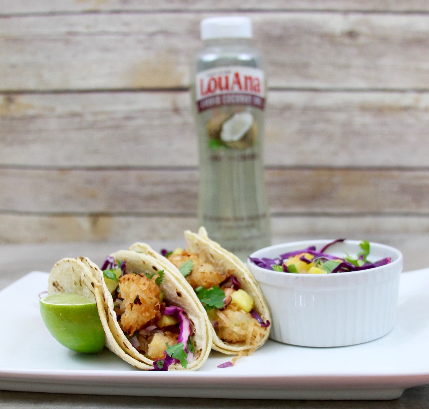 Coconut shrimp tacos with pineapple slaw