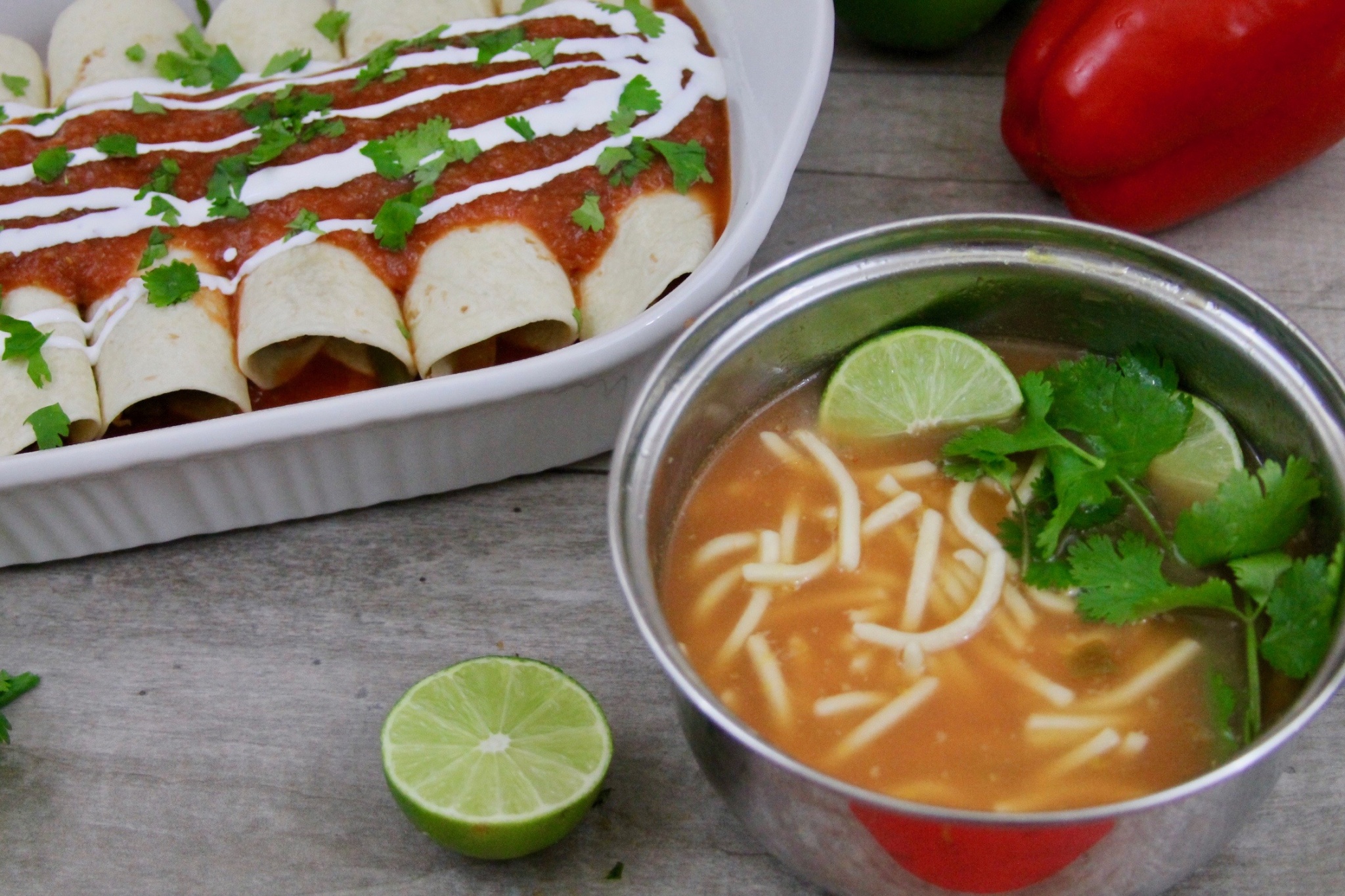 easy chicken enchiladas and Mexican noodle soup