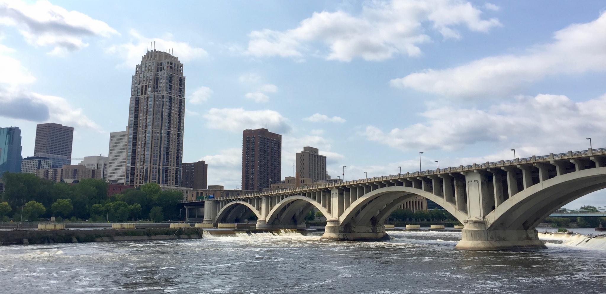 View of the Mississippi river and Minneapolis from a bike trail. 