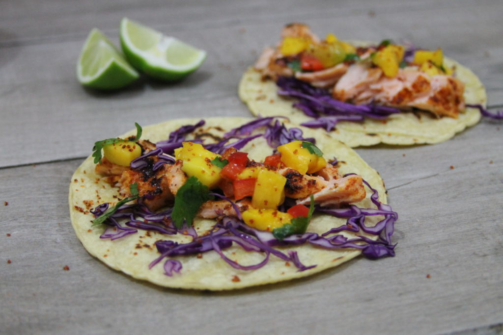 Chipotle Salmon Tacos With Mango Salsa And Avocado Crema