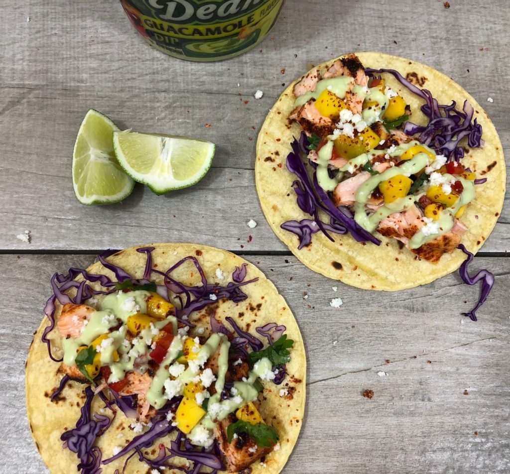 Chipotle Salmon Tacos With Mango Salsa And Avocado Crema