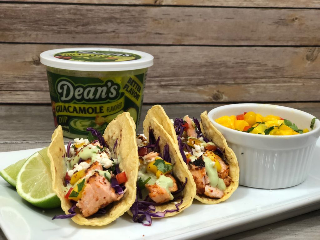 Chipotle Salmon Tacos With Mango Salsa And Avocado Crema