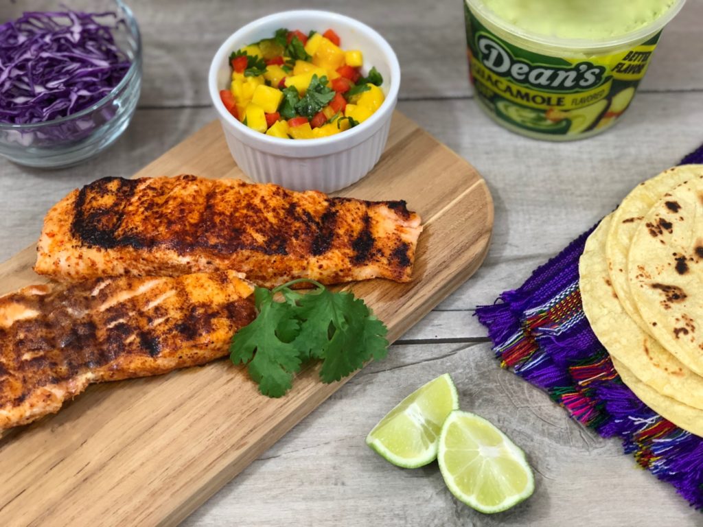 Chipotle Salmon Tacos With Mango Salsa And Avocado Crema