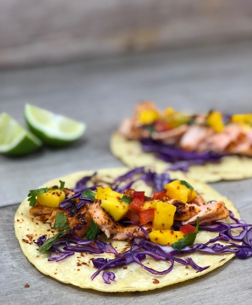 Chipotle Salmon Tacos With Mango Salsa And Avocado Crema