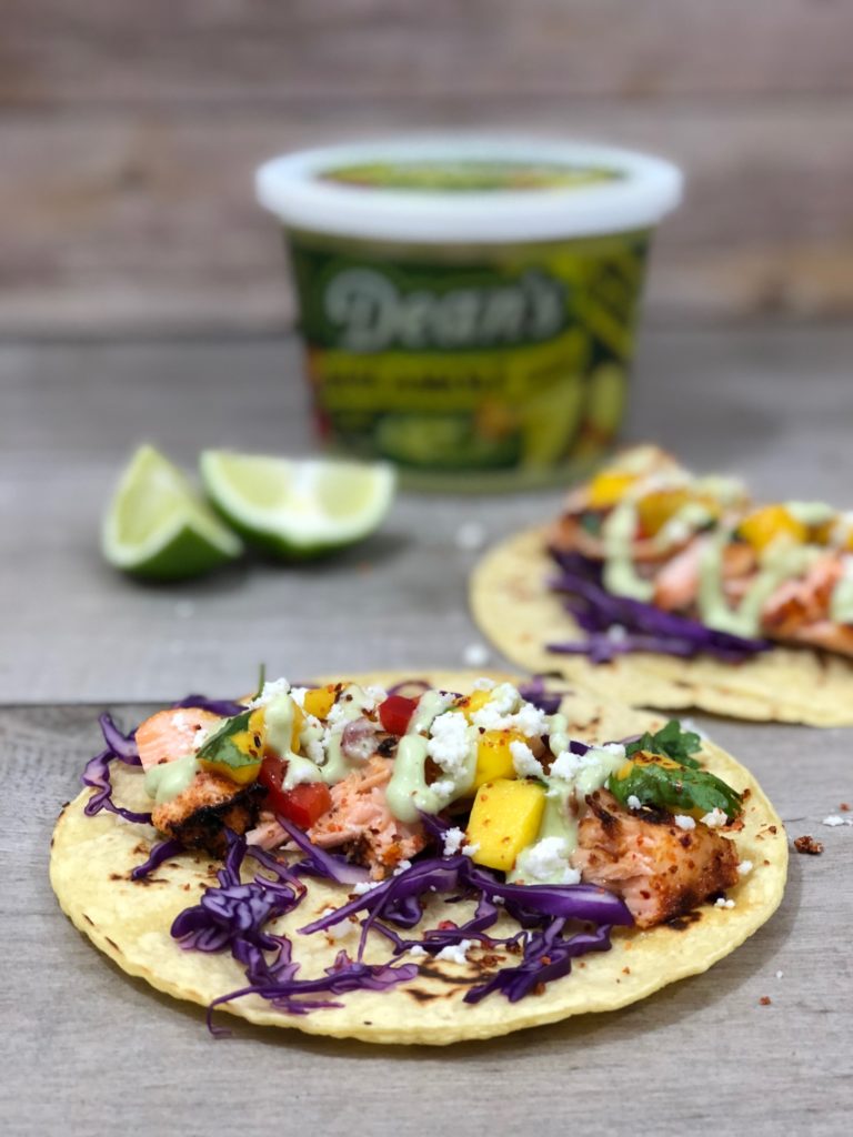 Chipotle Salmon Tacos With Mango Salsa And Avocado Crema