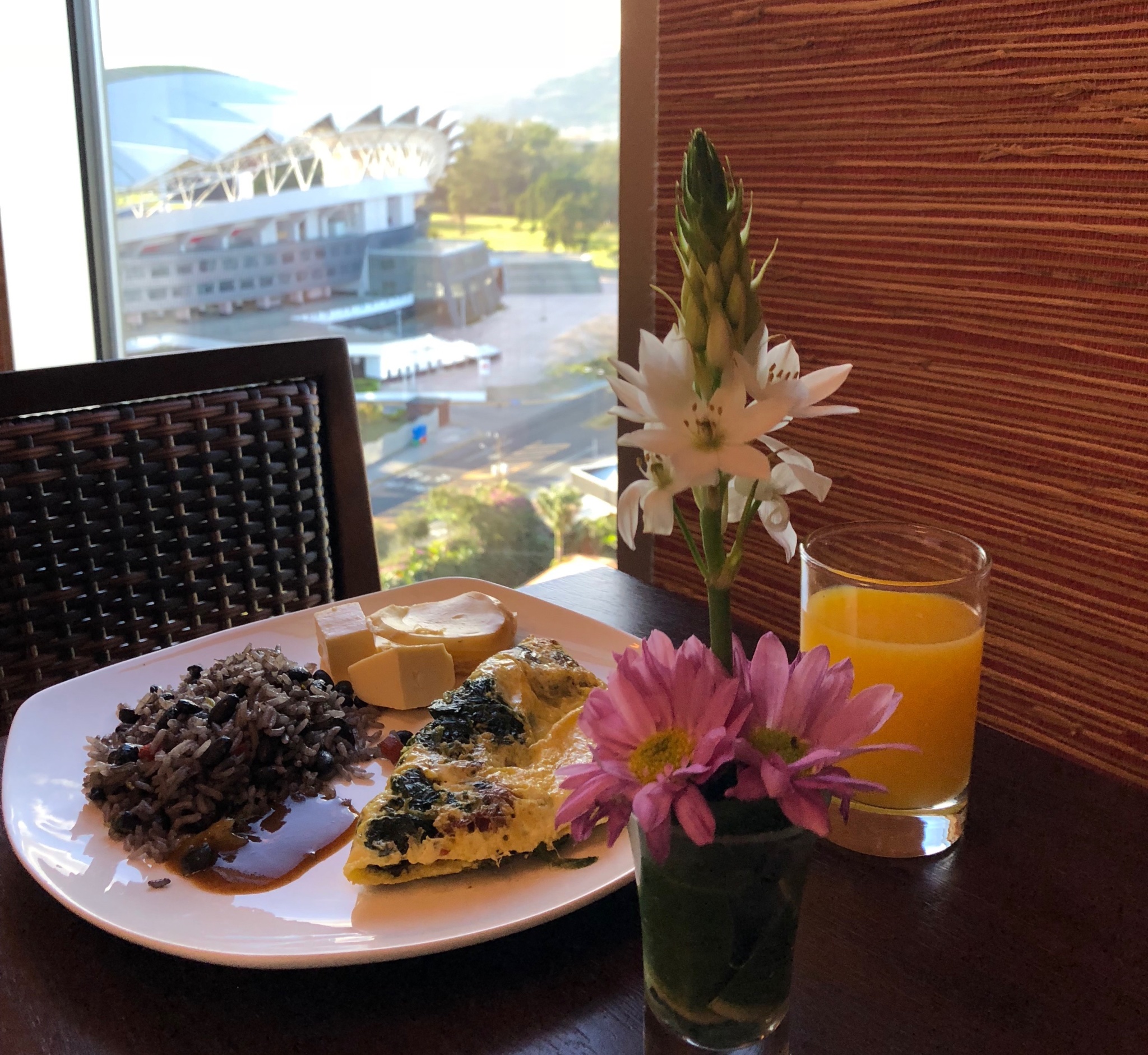 A traditional Costa Rican breakfast with Gallo Pinto and salsa Lizano