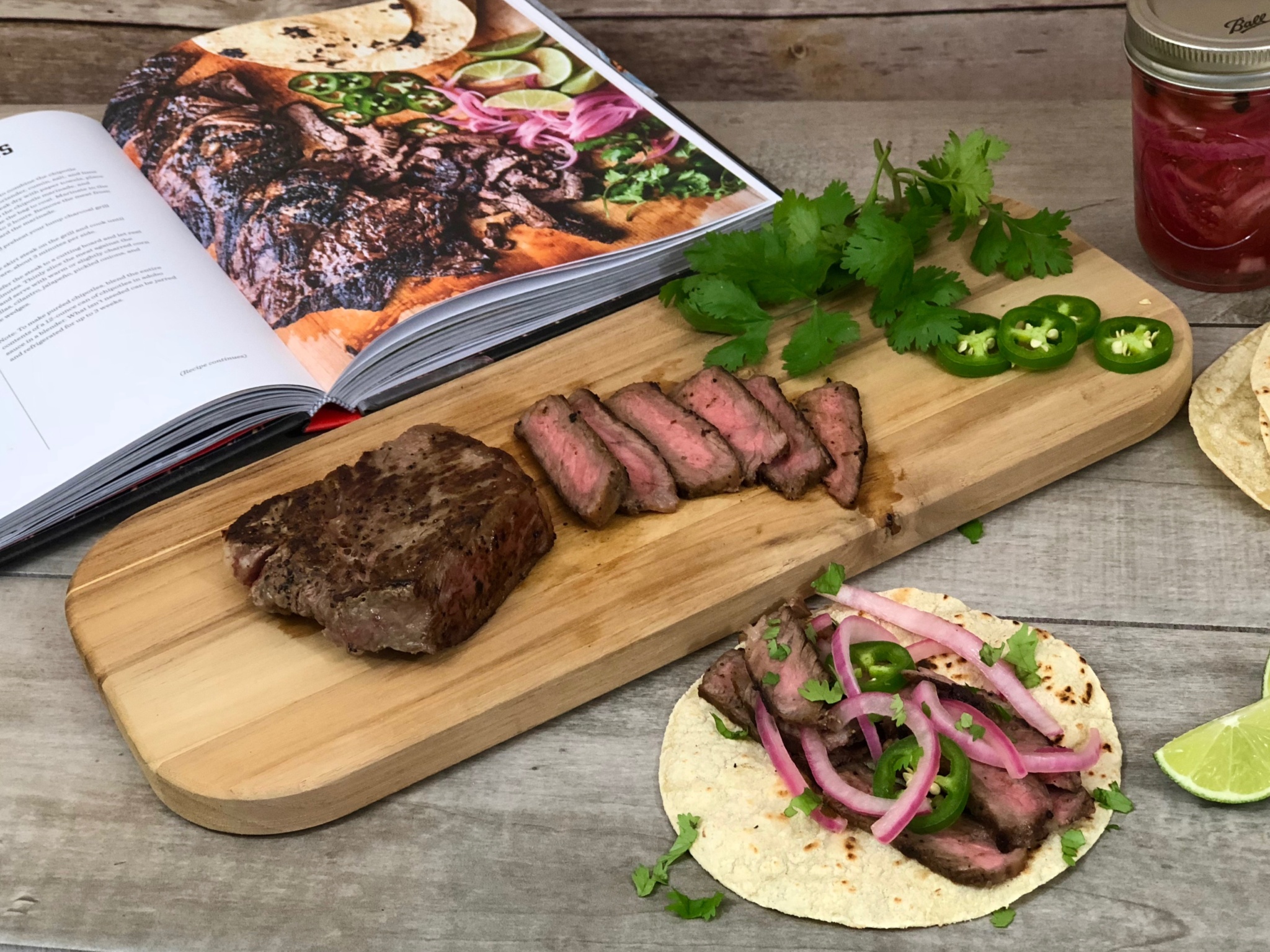 grilled skirt steak tacos with pickled onions