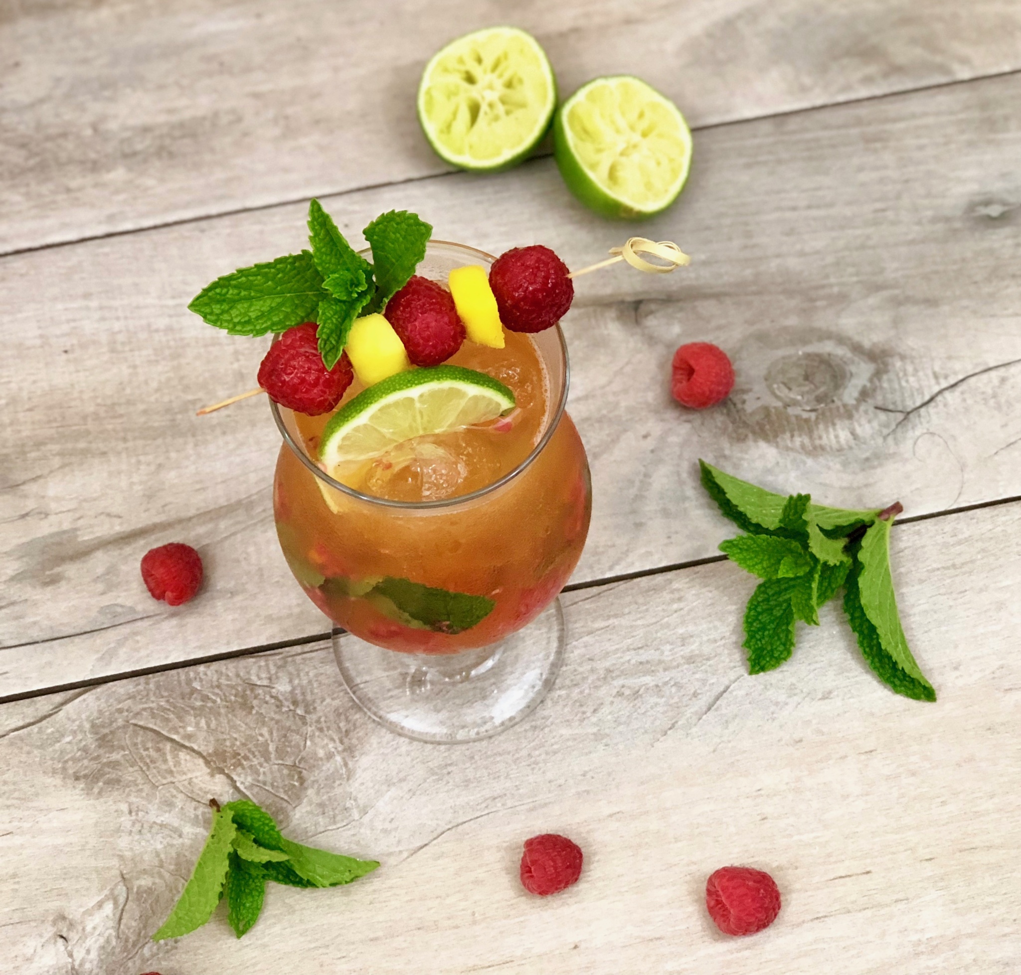 passion fruit raspberry mango mojito, spring mocktails