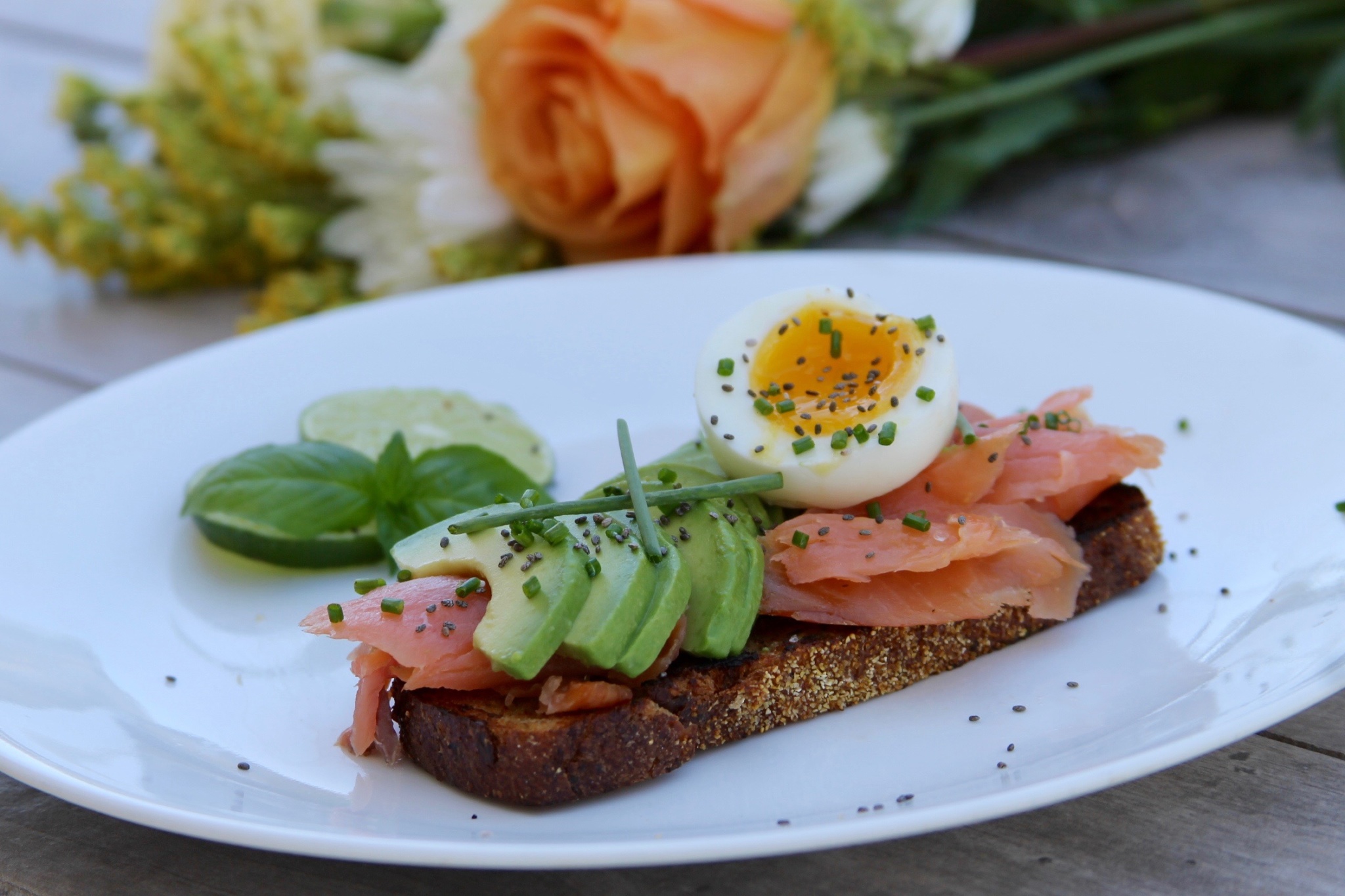 Avocado toast with salmon and soft boiled egg