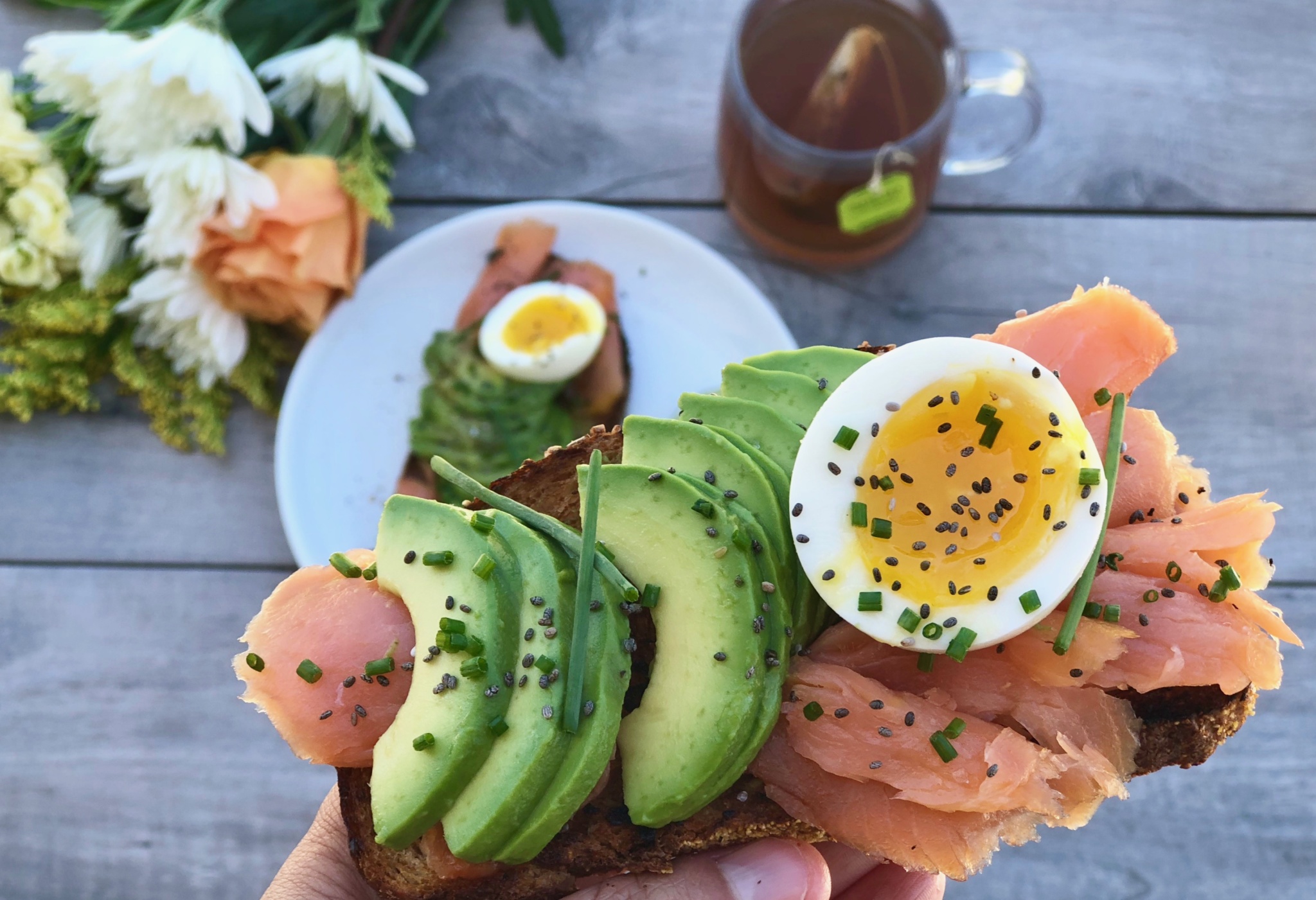 Avocado toast with salmon and soft boiled egg