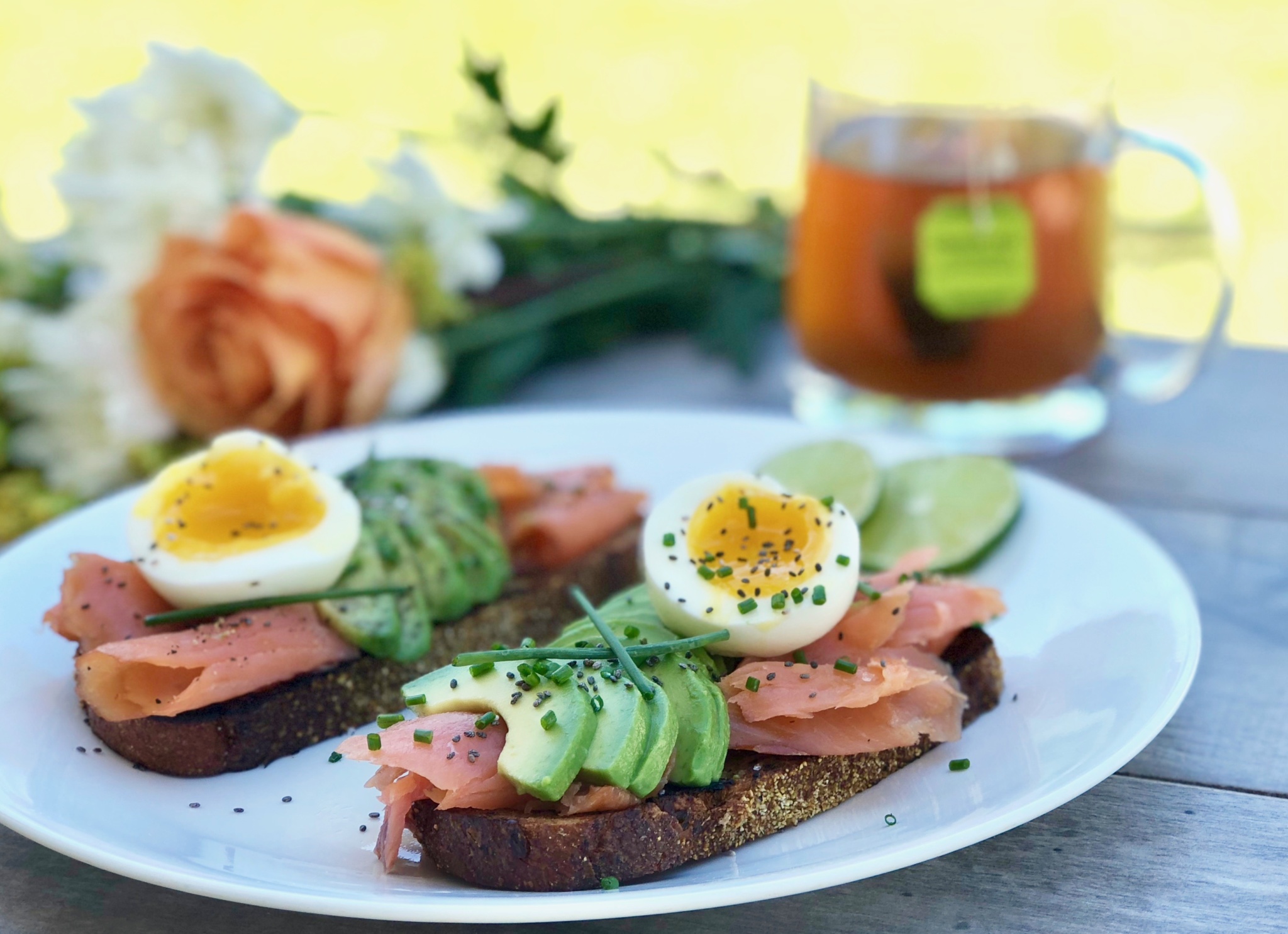 Avocado toast with salmon and soft boiled egg