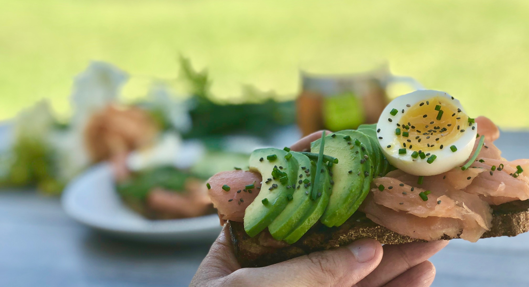 Avocado toast with salmon and soft boiled egg