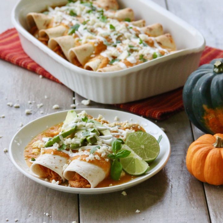 The best holiday enchiladas: Cheesy Chipotle Chicken Enchiladas with Pumpkin Squash Sauce