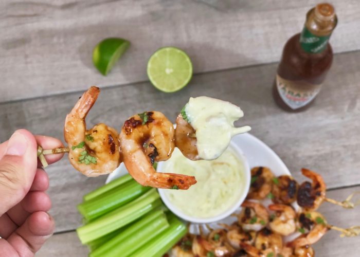 Chipotle Barbecue Shrimp Skewers with Blue Cheese Avocado Sauce
