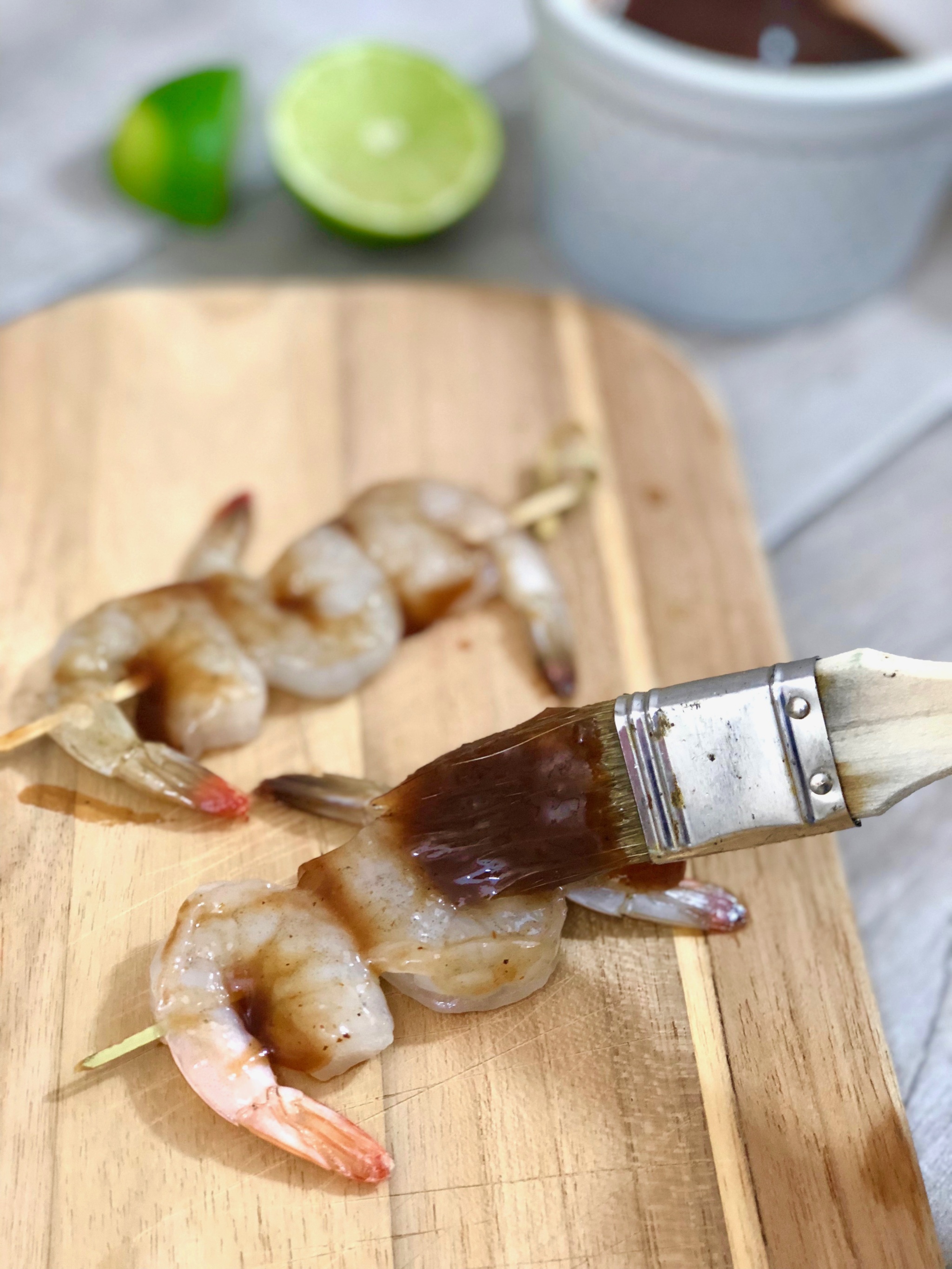 Chipotle Barbecue Shrimp Skewers with Blue Cheese Avocado Sauce