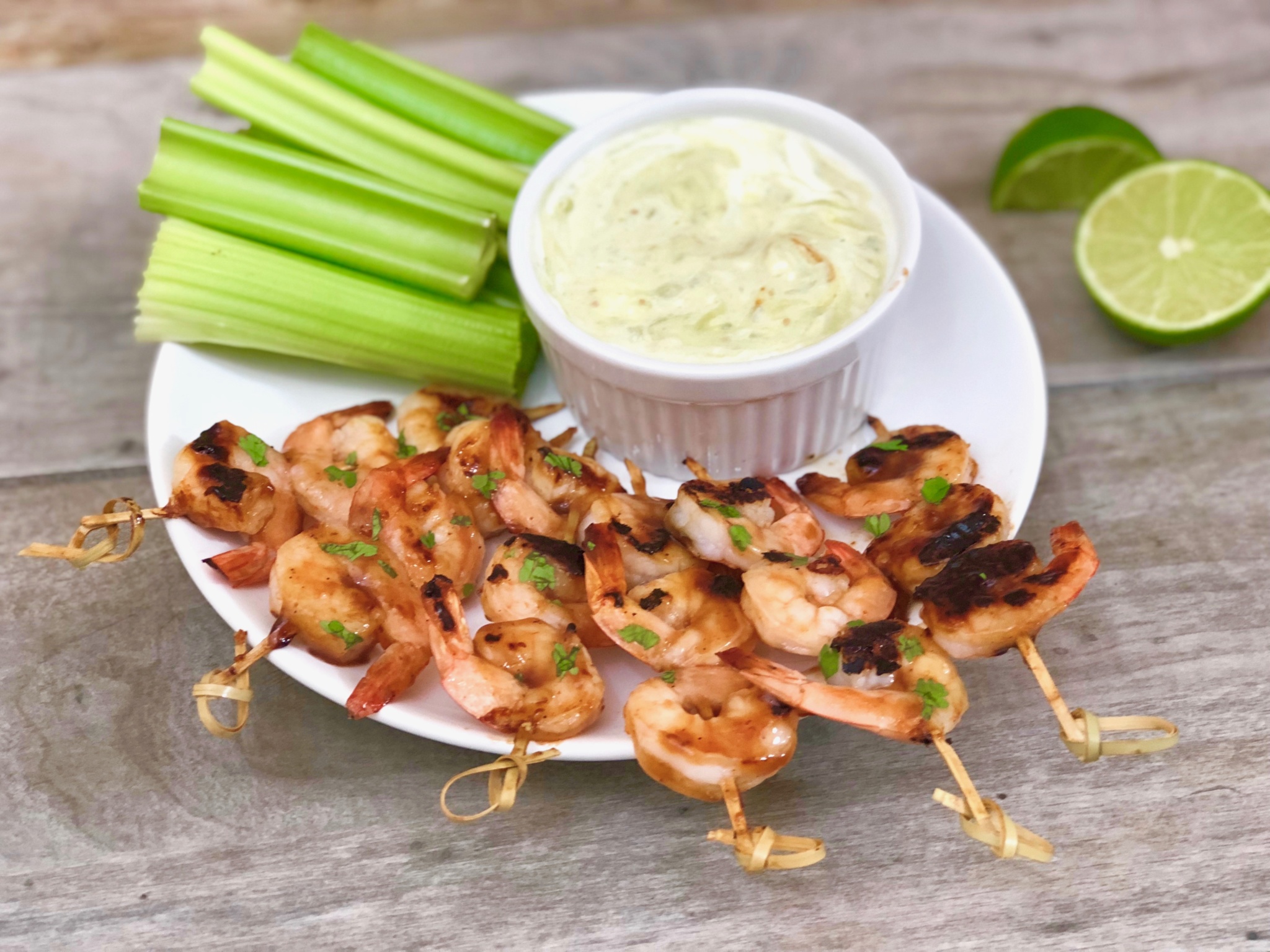 Chipotle Barbecue Shrimp Skewers with Blue Cheese Avocado Sauce