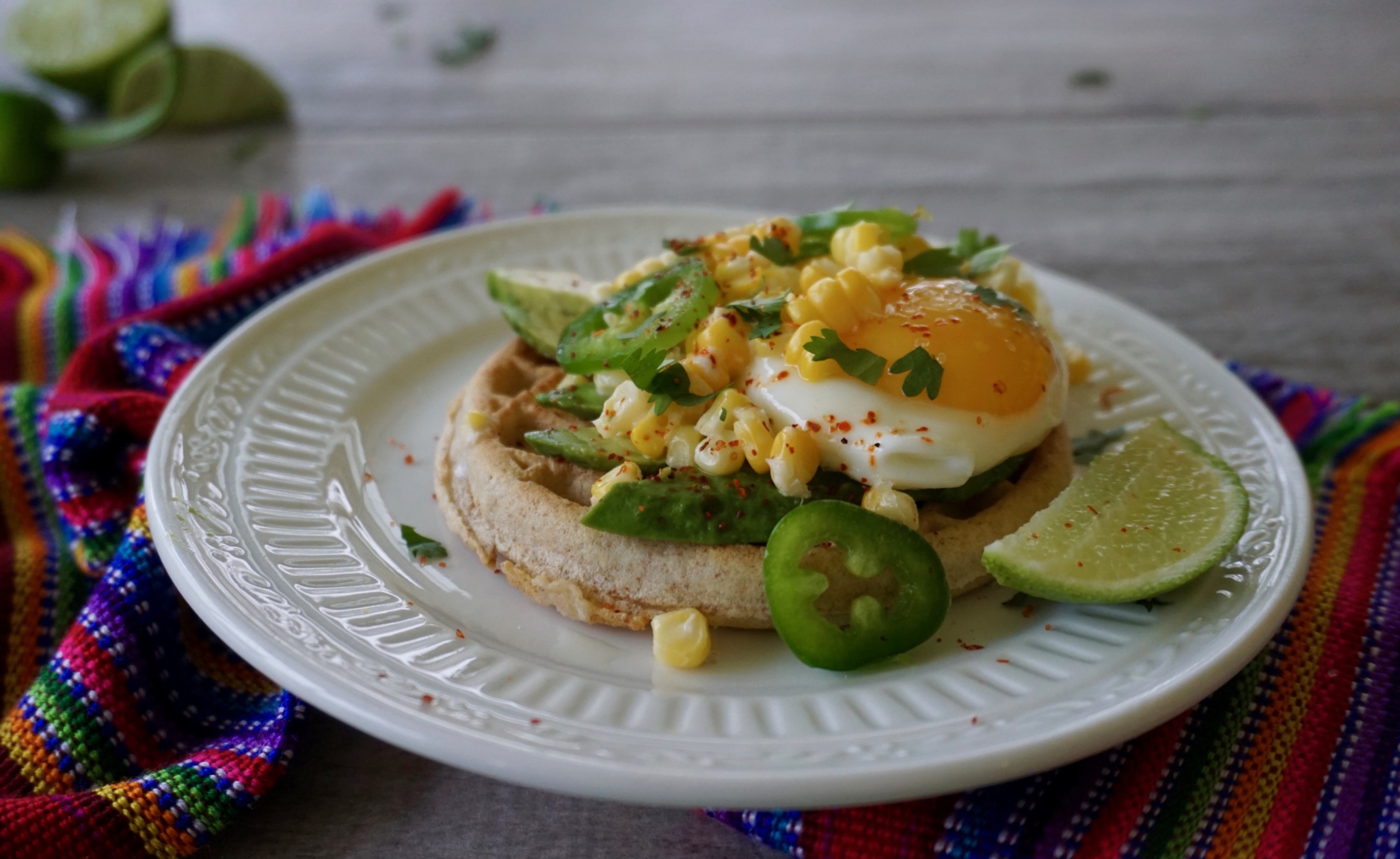 Avocado Toast Waffles with Mexican Corn Esquites