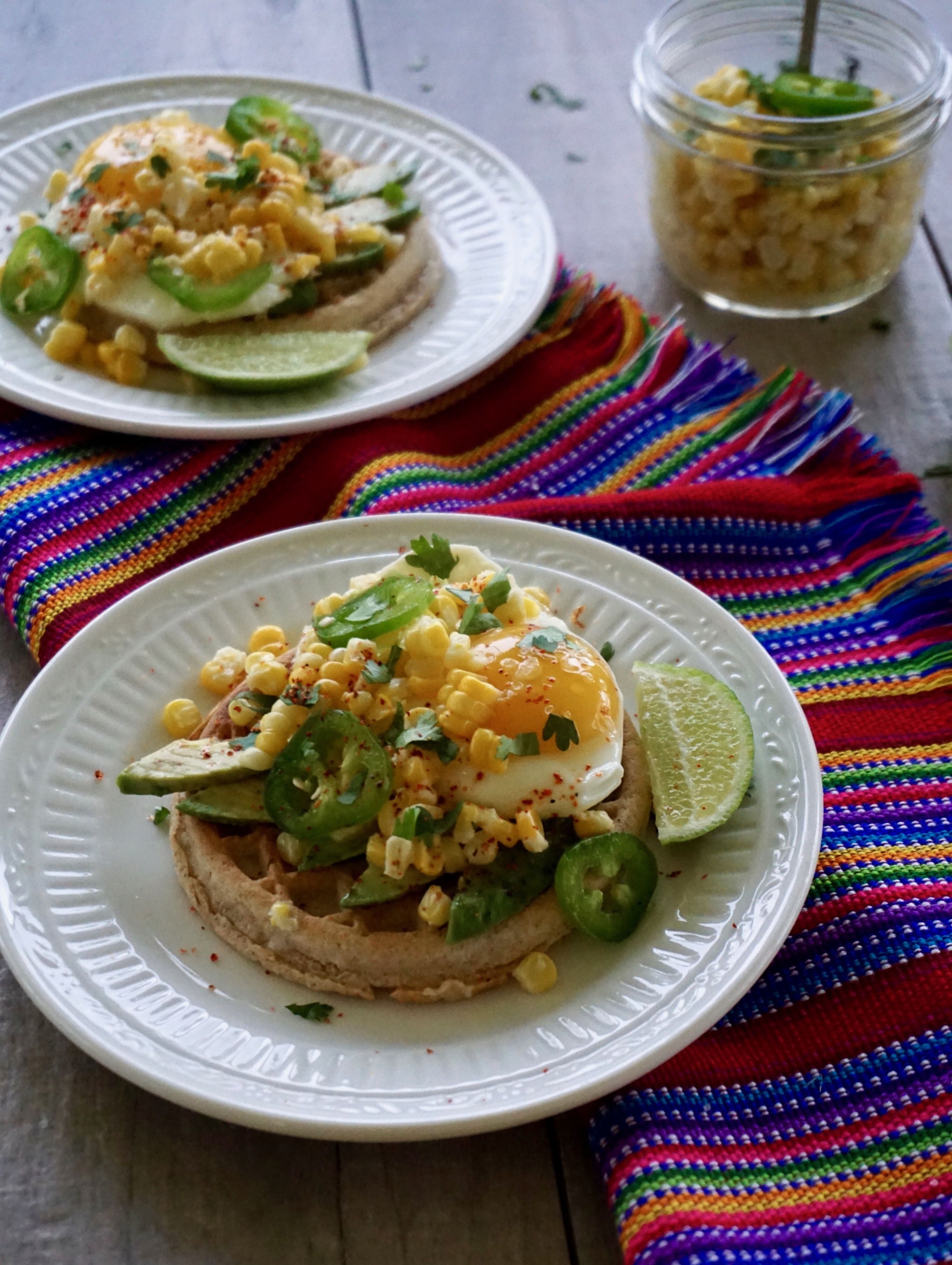 Avocado Toast Waffles with Mexican Corn Esquites