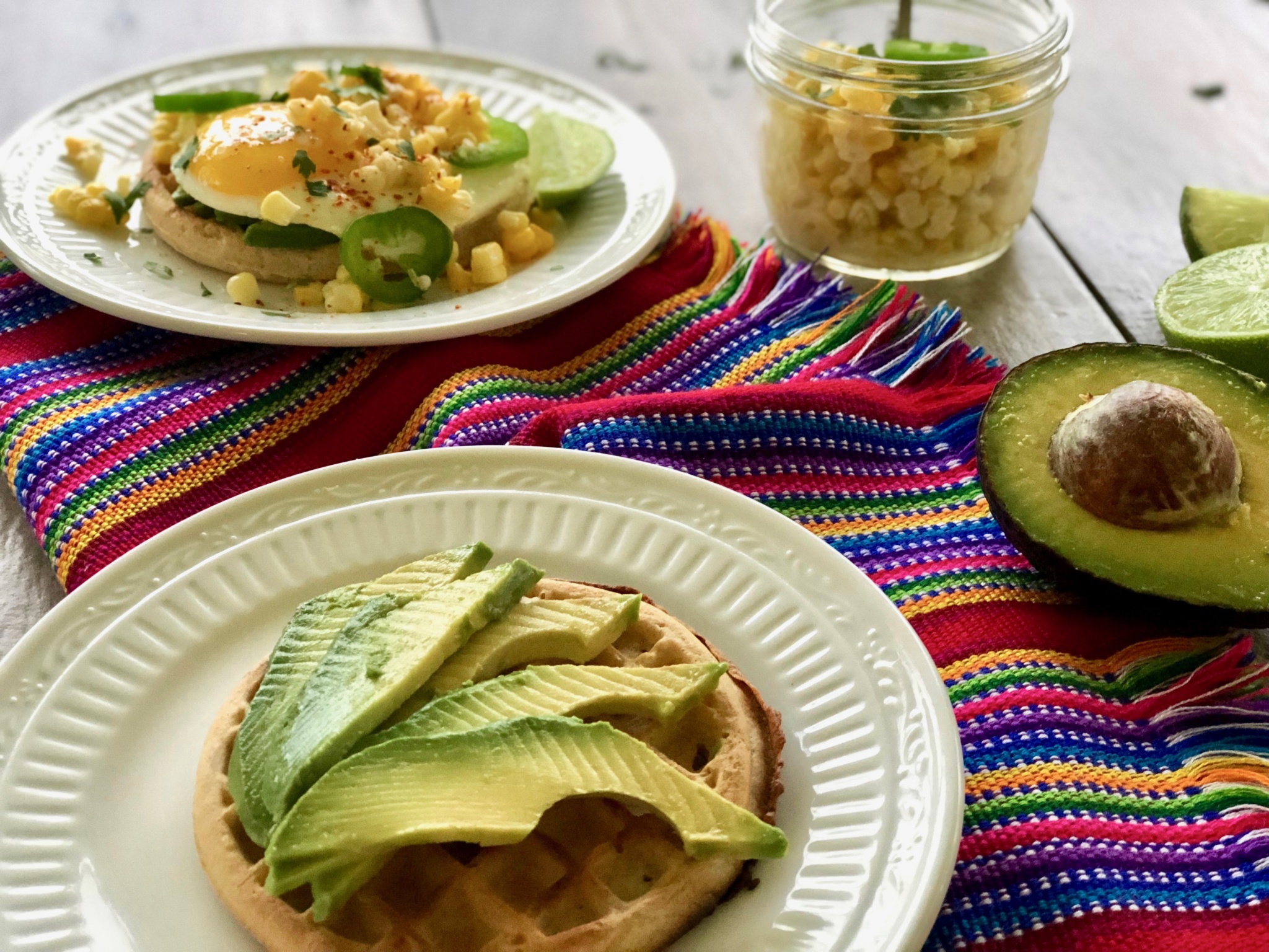 Avocado Toast Waffles with Mexican Corn Esquites