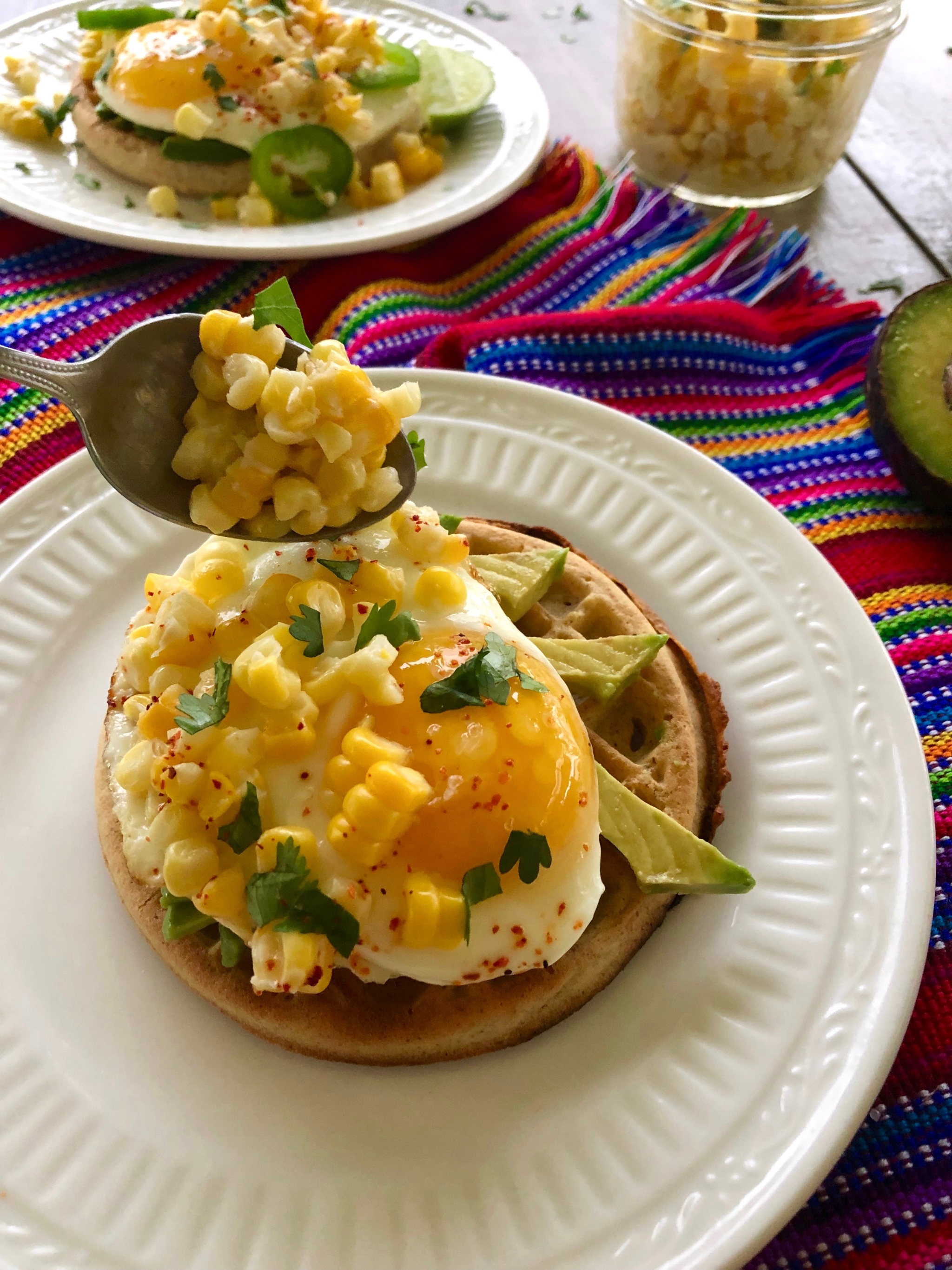 Avocado Toast Waffles with Mexican Corn Esquites