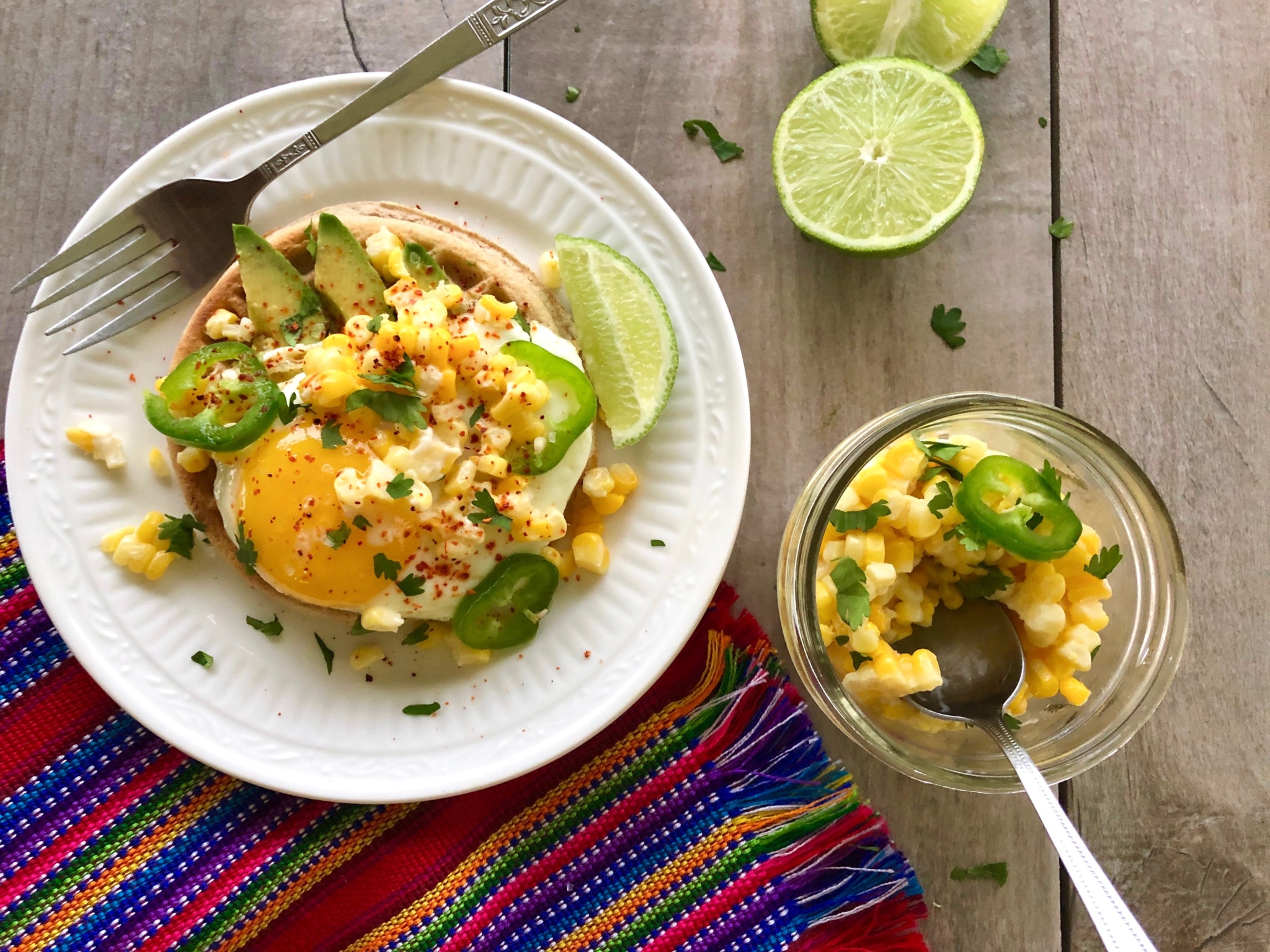 Avocado Toast Waffles with Mexican Corn Esquites