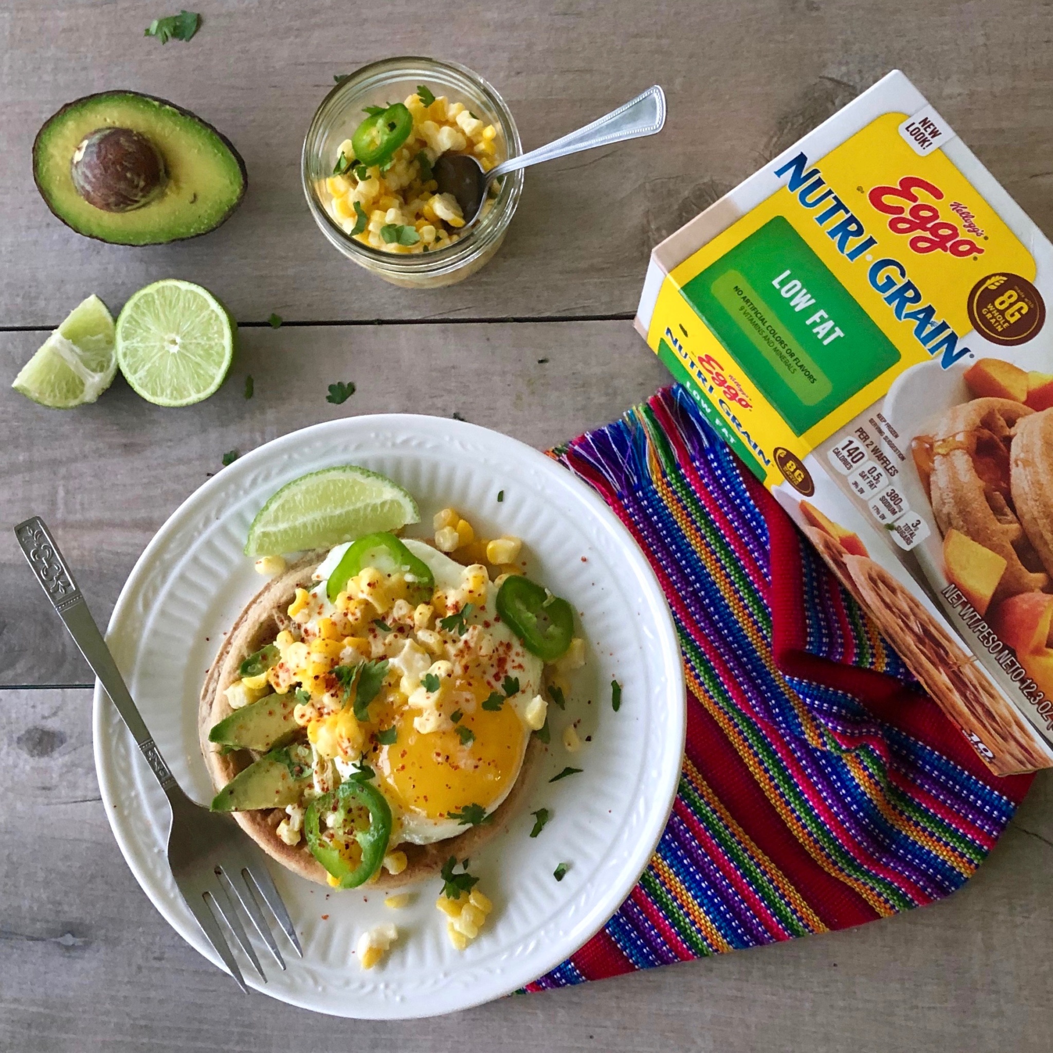 Avocado Toast Waffles with Mexican Corn Esquites