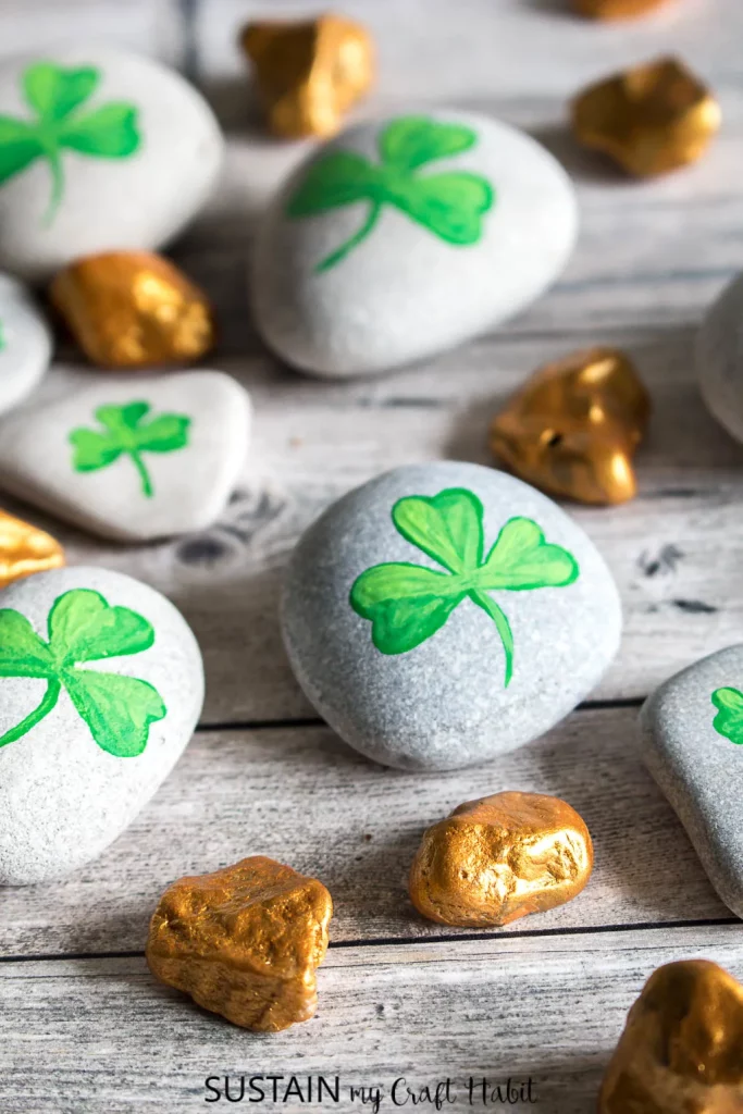 St Patricks shamrock painted rocks