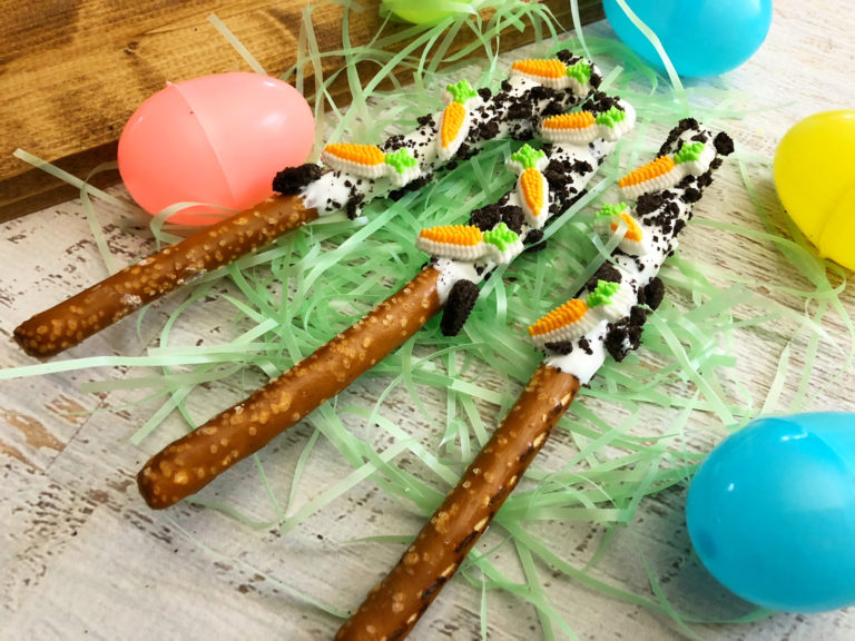 Carrot Patch Pretzels a great Easter party snack and lots of great Easter party ideas for kids